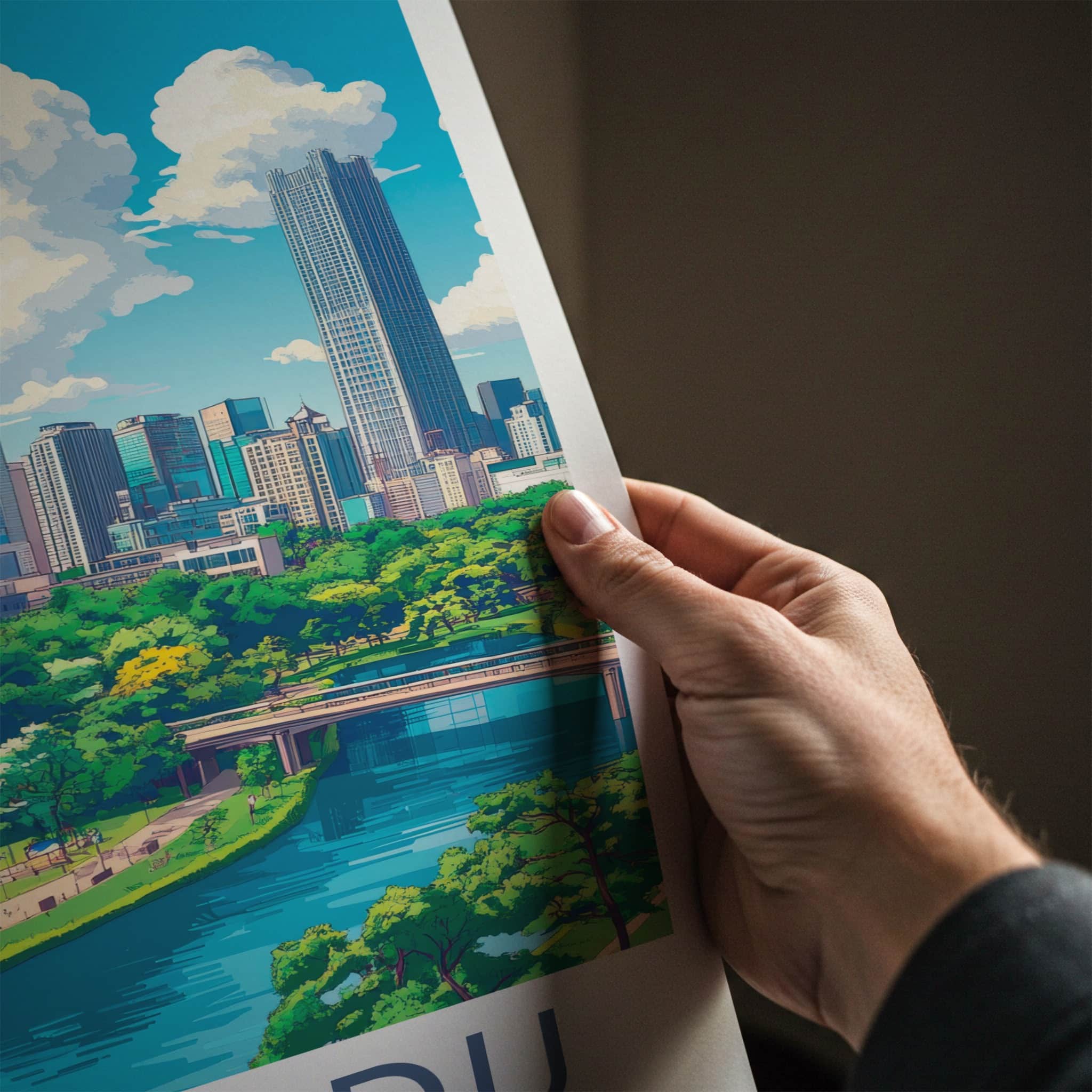 Chengdu Poster - China Travel Art - Skyscrapers River Park Home Decor