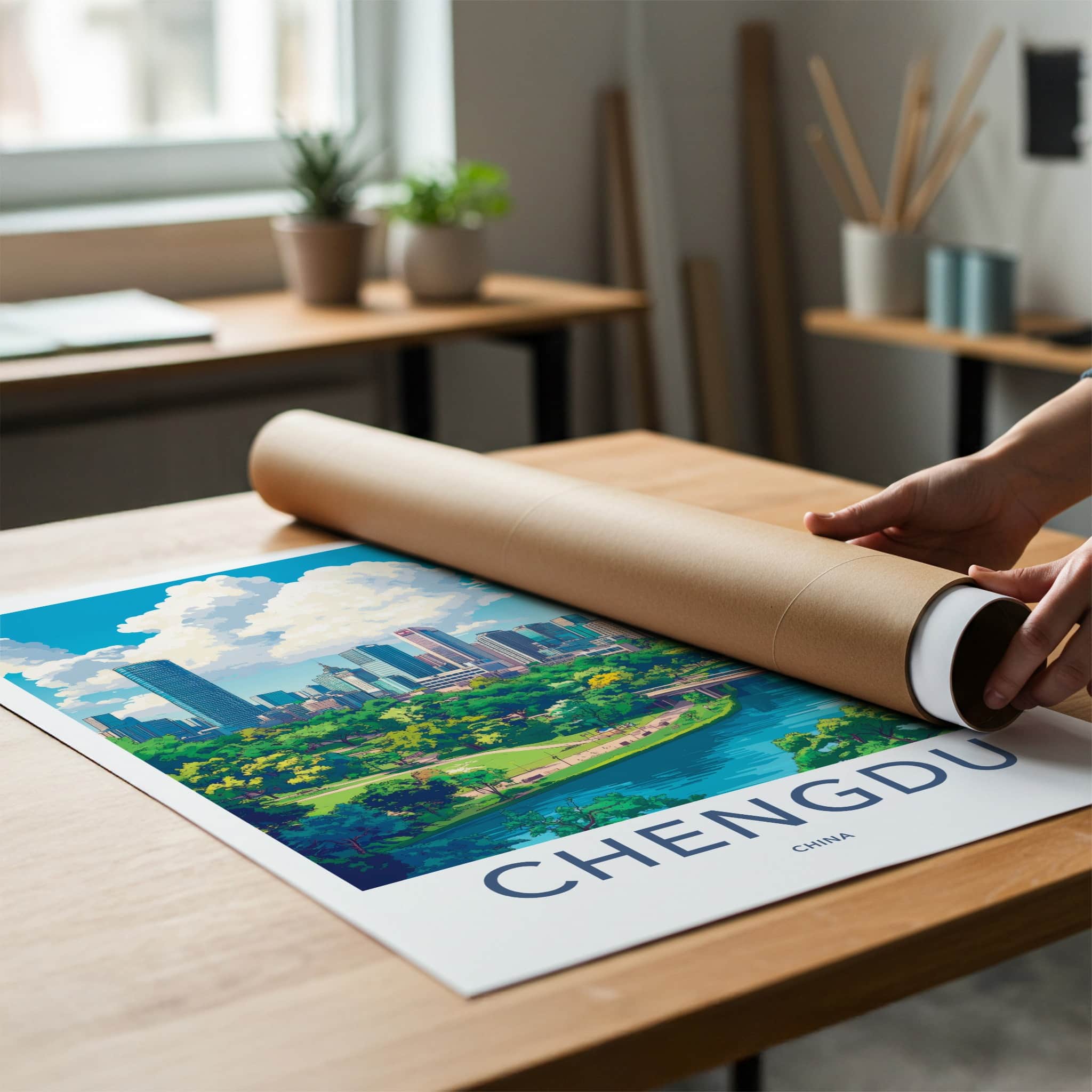 Chengdu Poster - China Travel Art - Skyscrapers River Park Home Decor