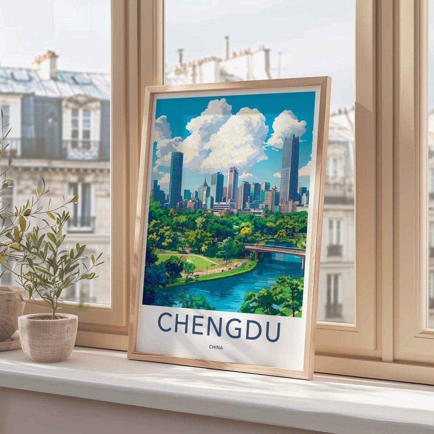 Chengdu Poster - China Travel Art - Skyscrapers River Park Home Decor