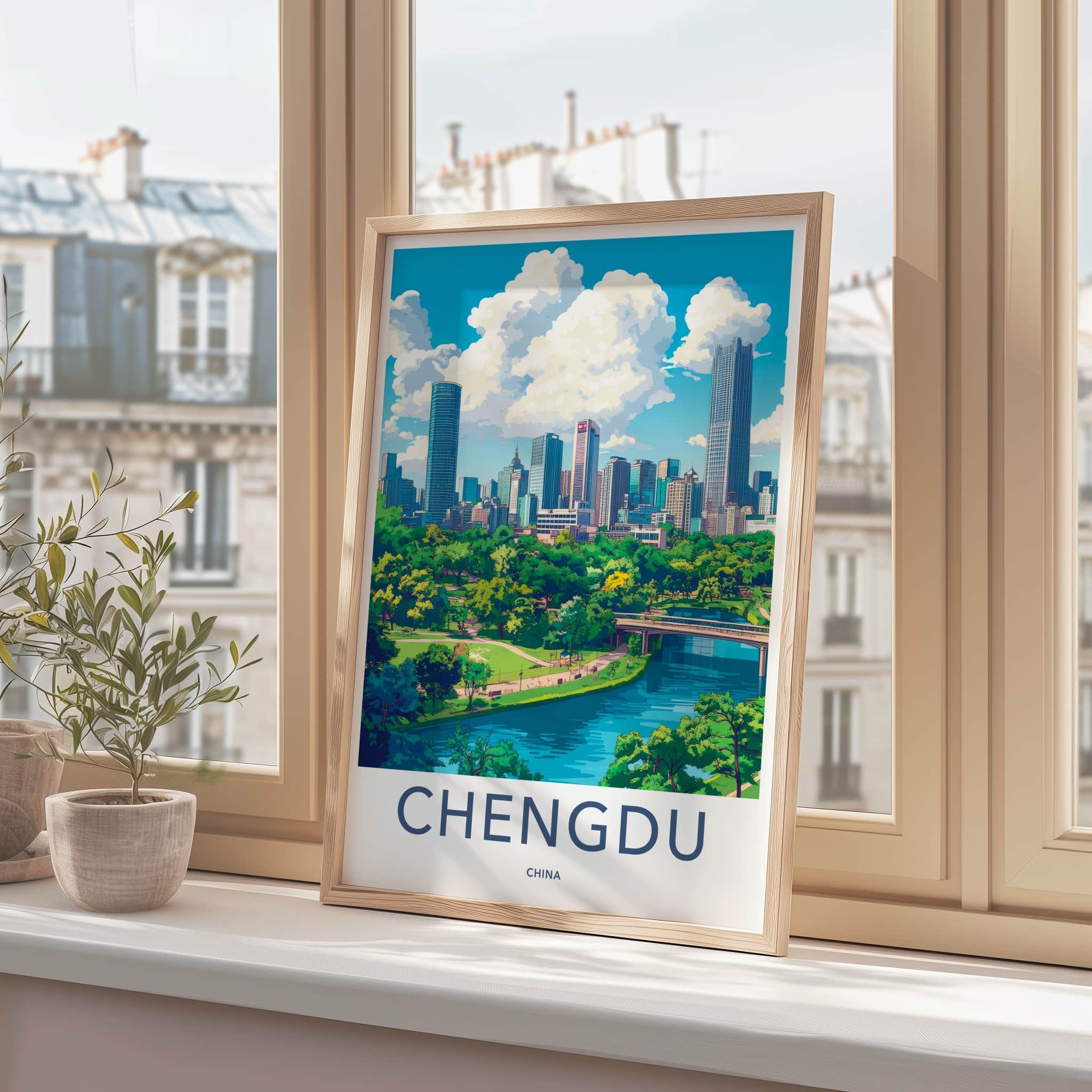 Chengdu Poster - China Travel Art - Skyscrapers River Park Home Decor