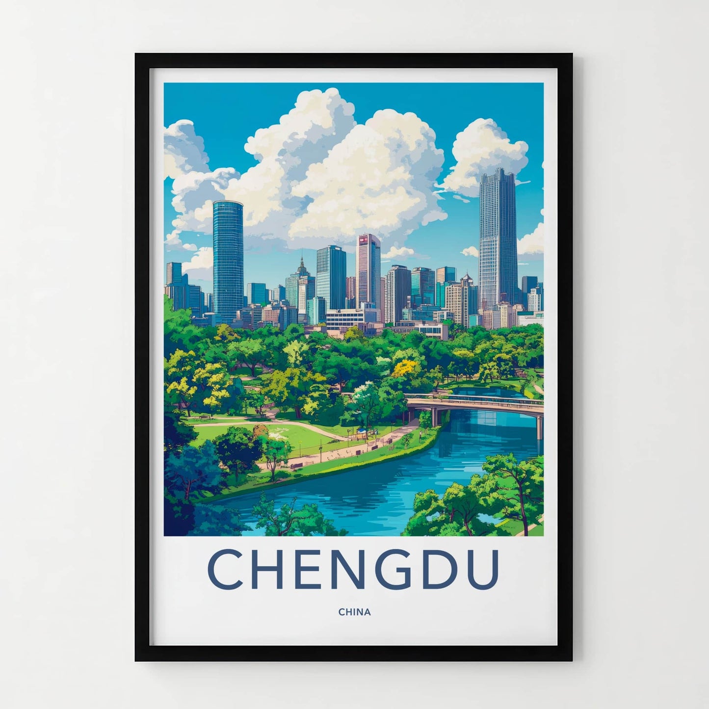 Chengdu Poster - China Travel Art - Skyscrapers River Park Home Decor