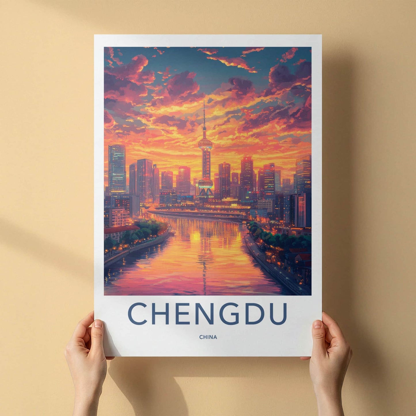 Chengdu Poster - China Travel Art - Vibrant City Sunset Home Decor