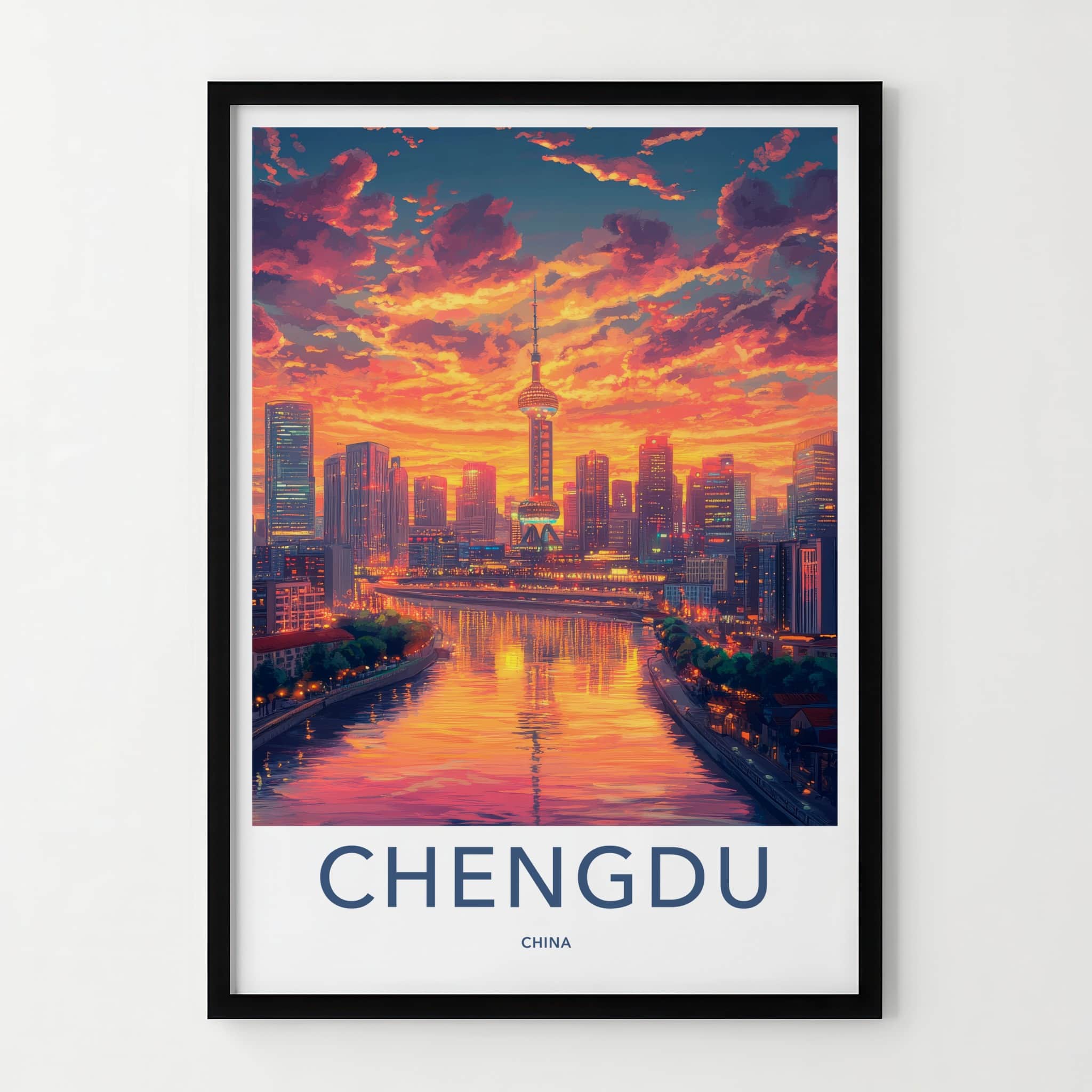 Chengdu Poster - China Travel Art - Vibrant City Sunset Home Decor