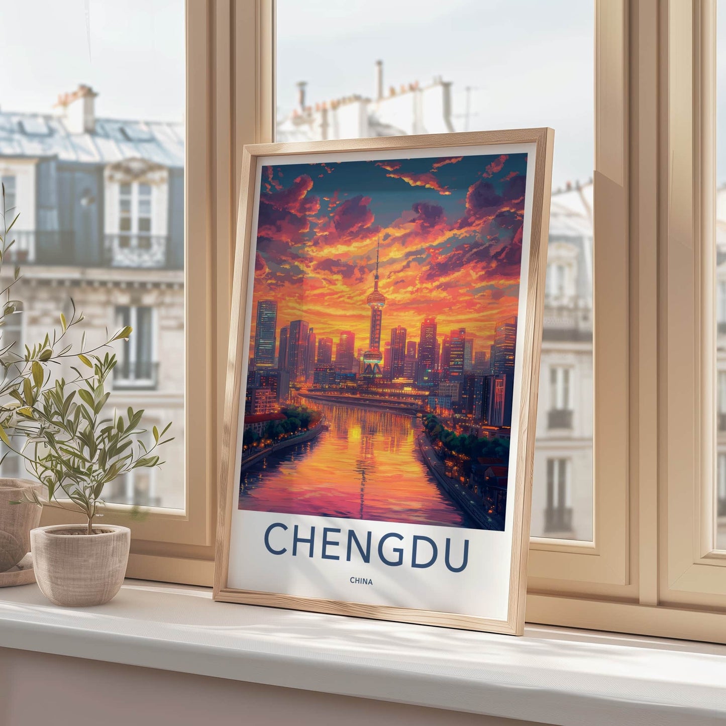 Chengdu Poster - China Travel Art - Vibrant City Sunset Home Decor