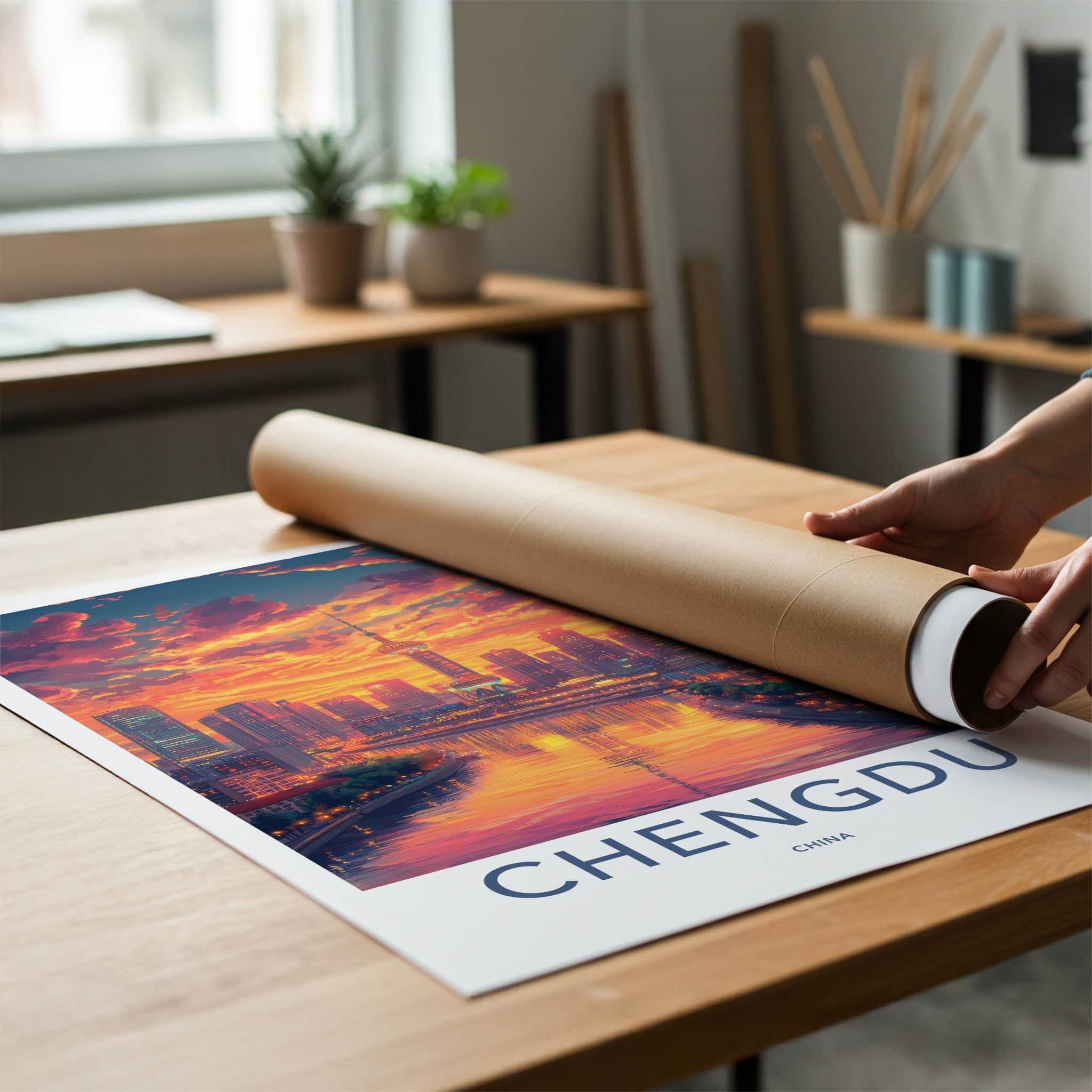 Chengdu Poster - China Travel Art - Vibrant City Sunset Home Decor