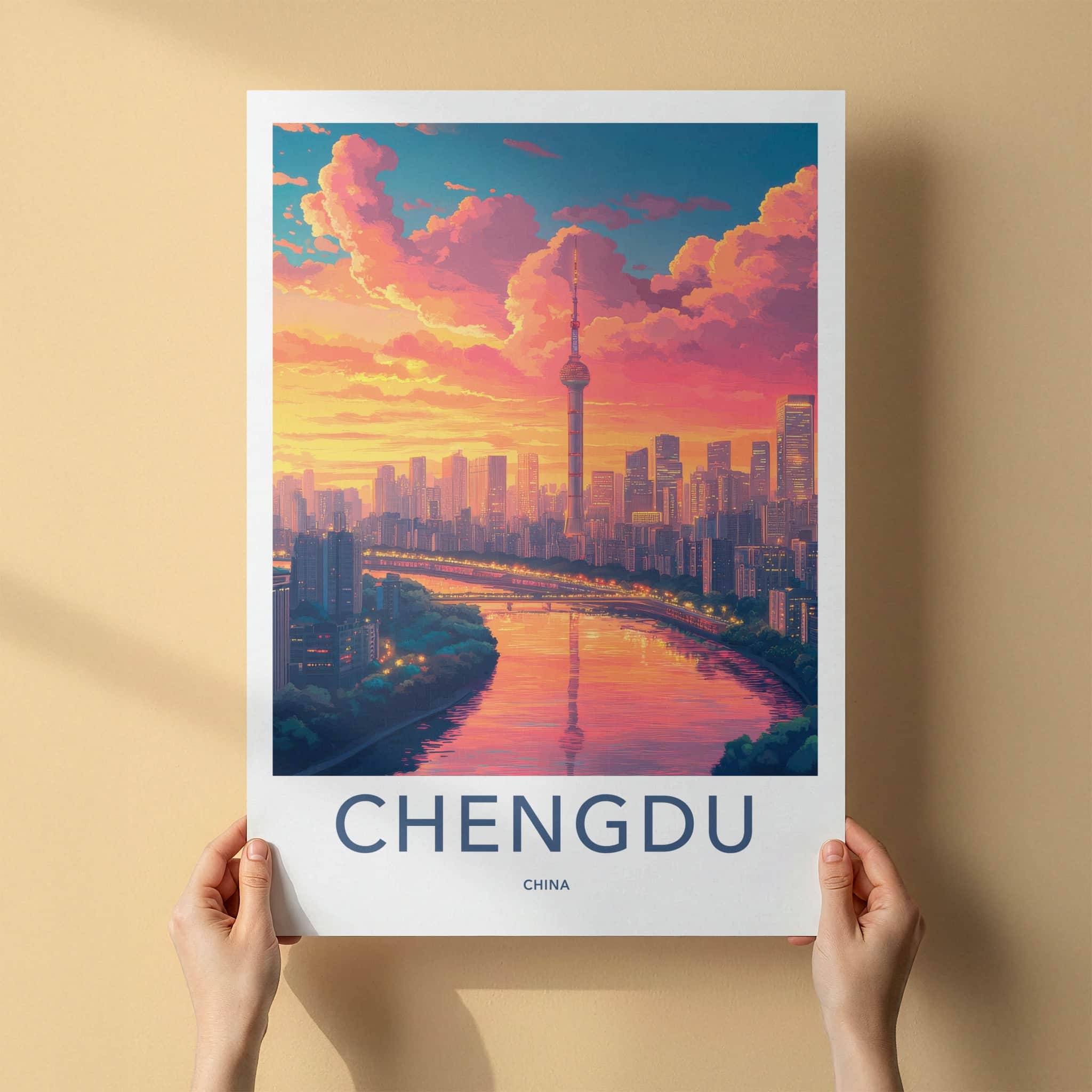 Chengdu Poster - China Travel Art - Vibrant Sunset City Wall Decor