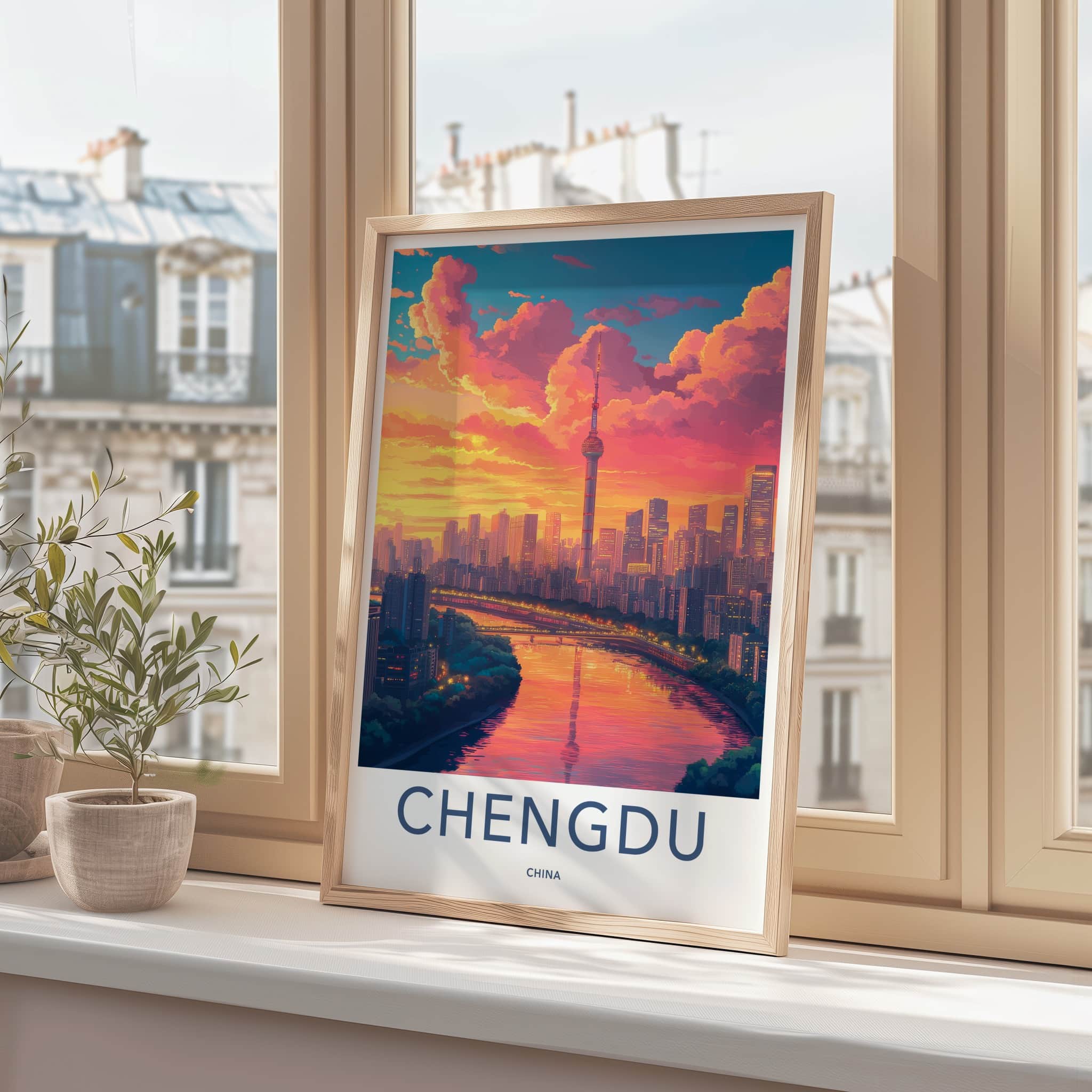 Chengdu Poster - China Travel Art - Vibrant Sunset City Wall Decor