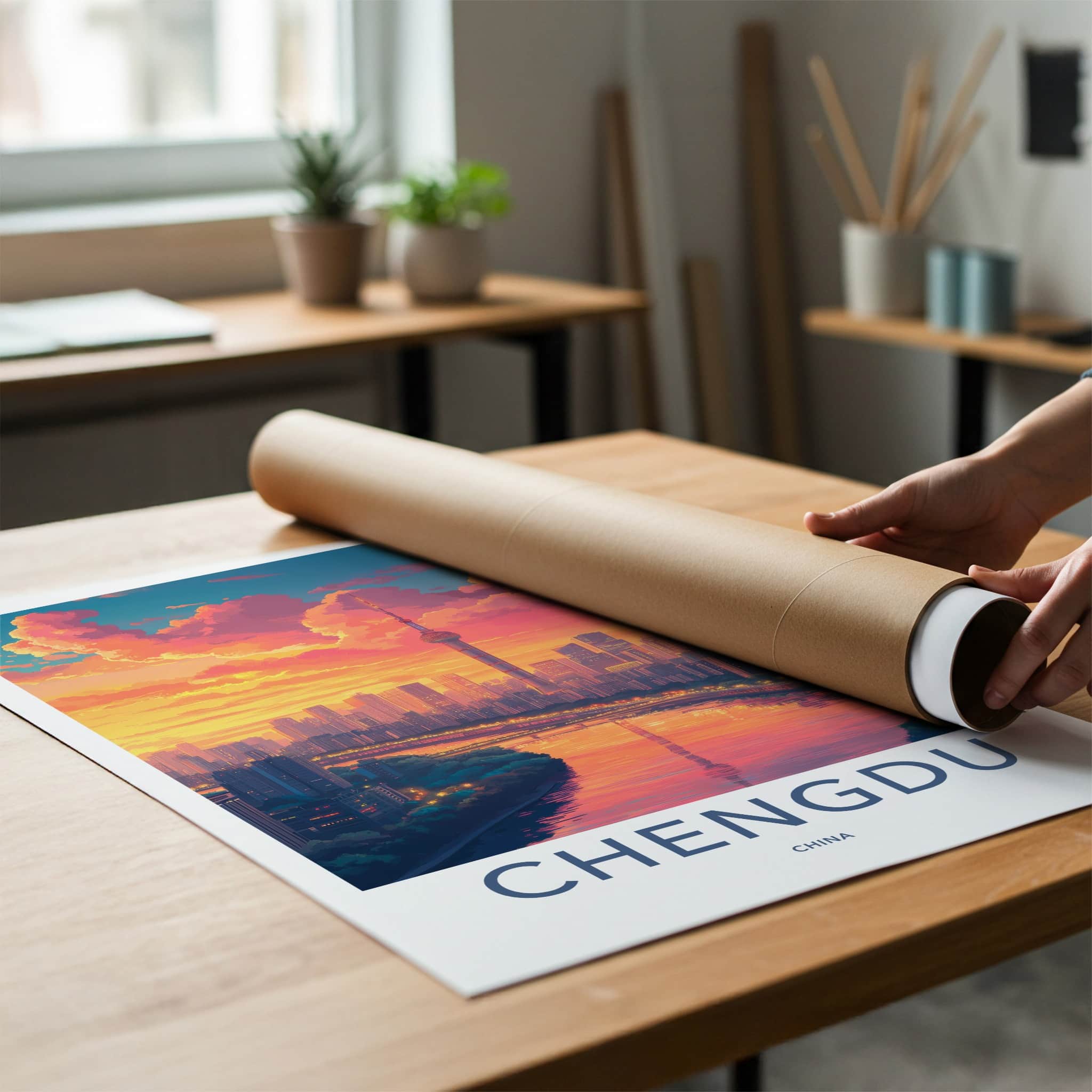 Chengdu Poster - China Travel Art - Vibrant Sunset City Wall Decor