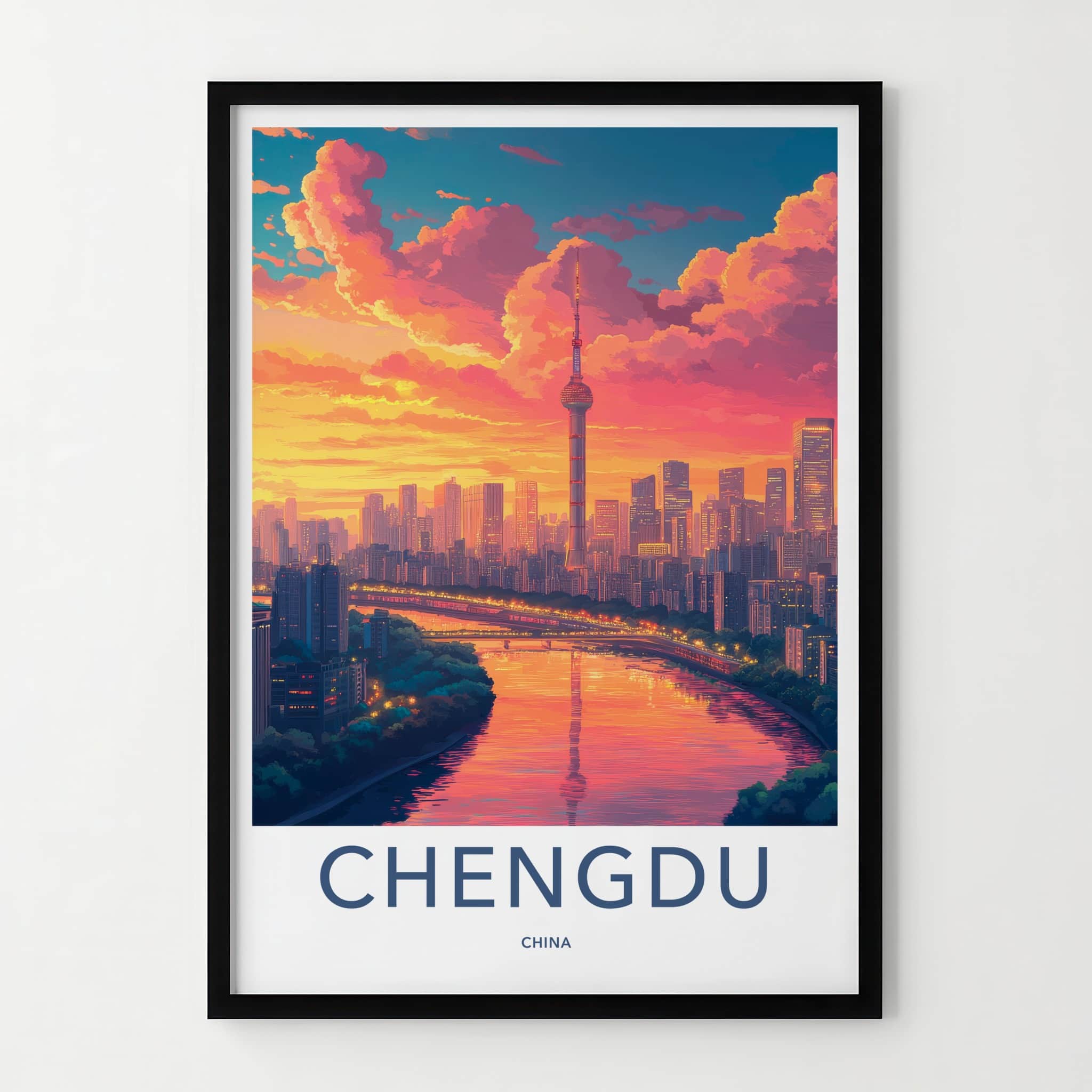 Chengdu Poster - China Travel Art - Vibrant Sunset City Wall Decor
