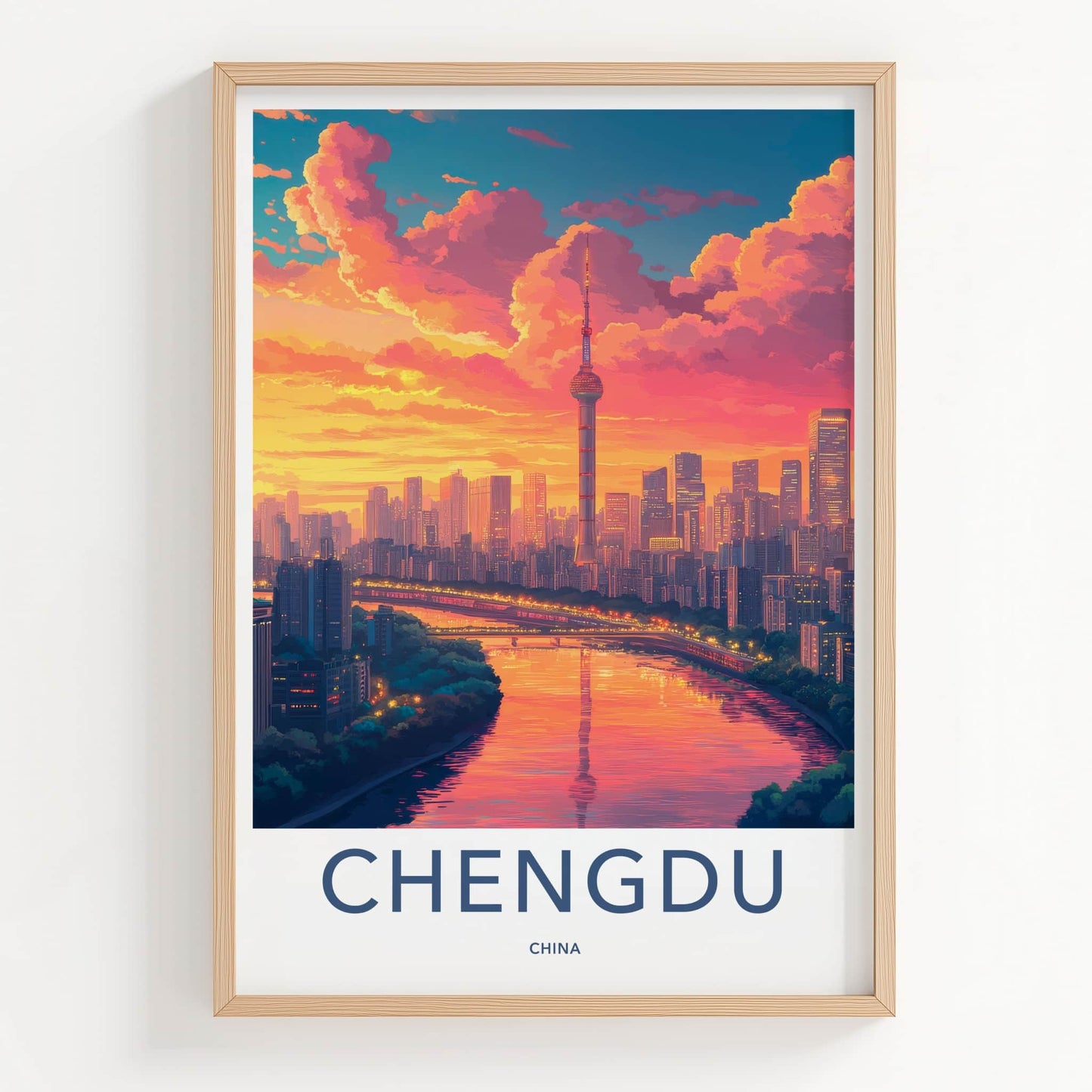 Chengdu Poster - China Travel Art - Vibrant Sunset City Wall Decor