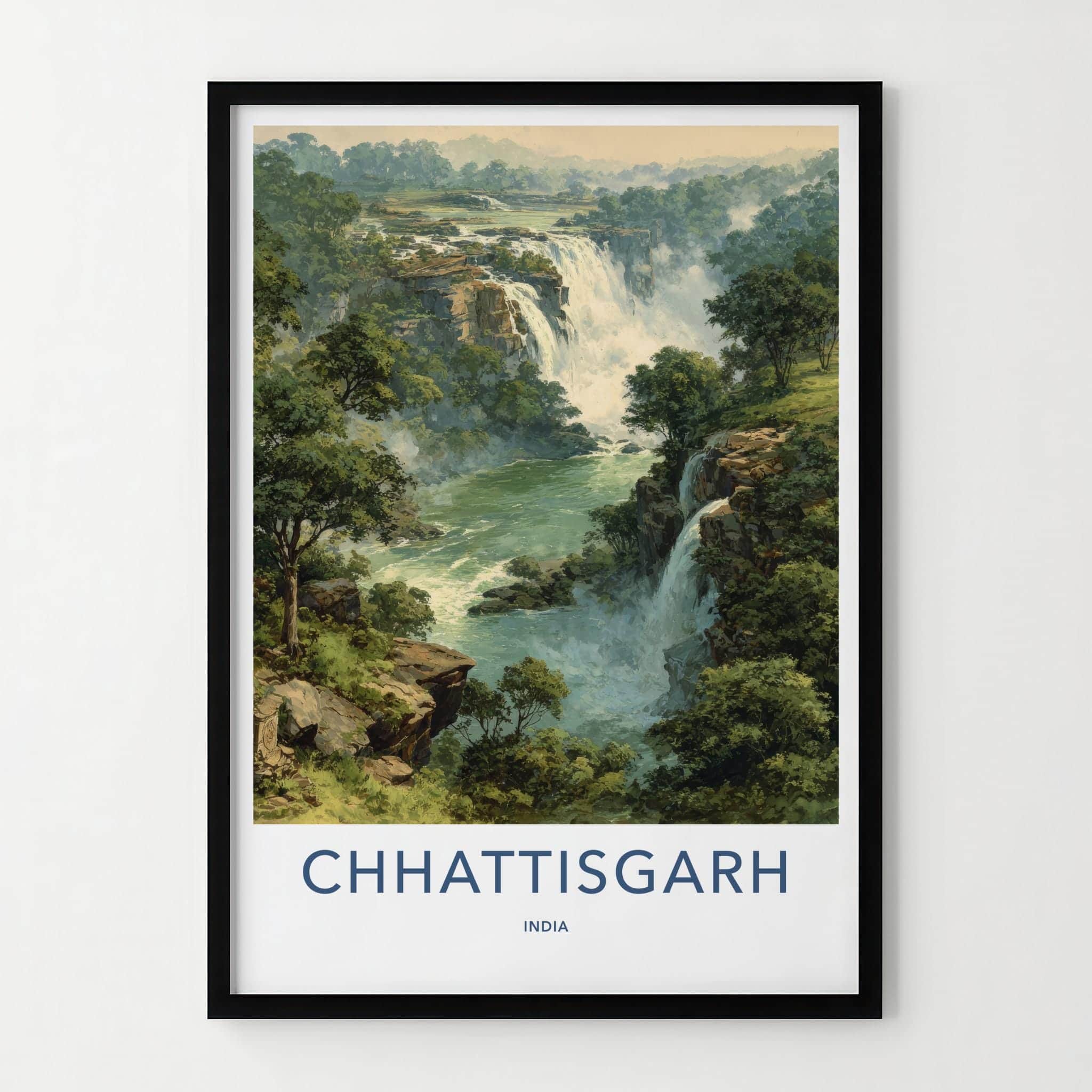 Chhattisgarh Poster - India Travel Art - Chhattisgarh Misty Jungle Falls Home Decor
