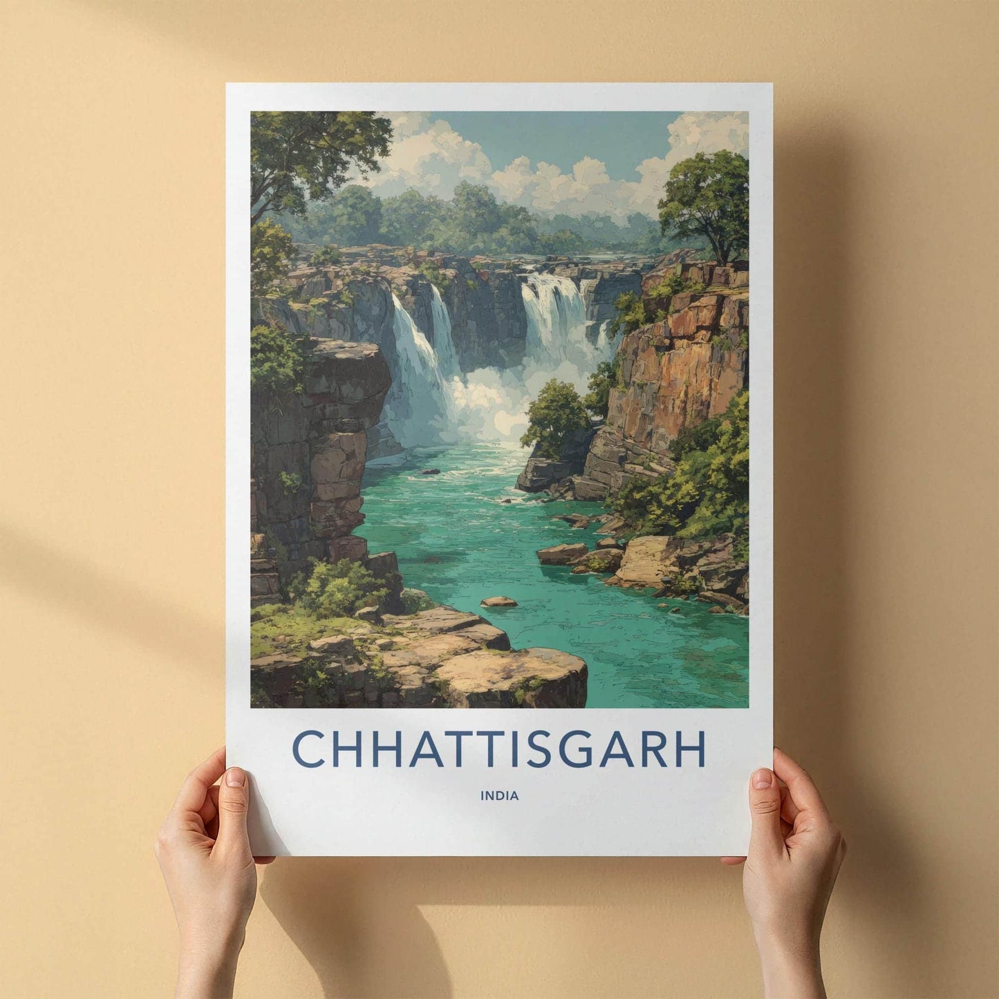 Chhattisgarh Poster - India Travel Art - Chhattisgarh Rocky Gorge Waterfalls Home Decor