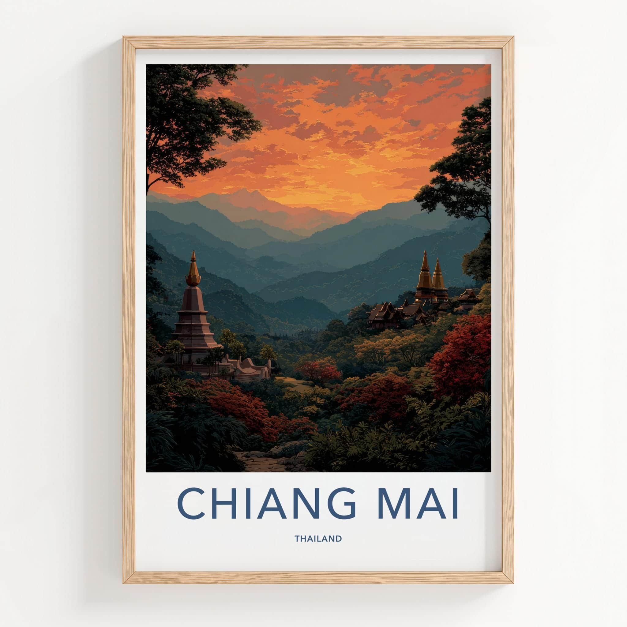 Chiang Mai Poster - Thailand Scenic Art - Golden Temple Sunset Home Decor