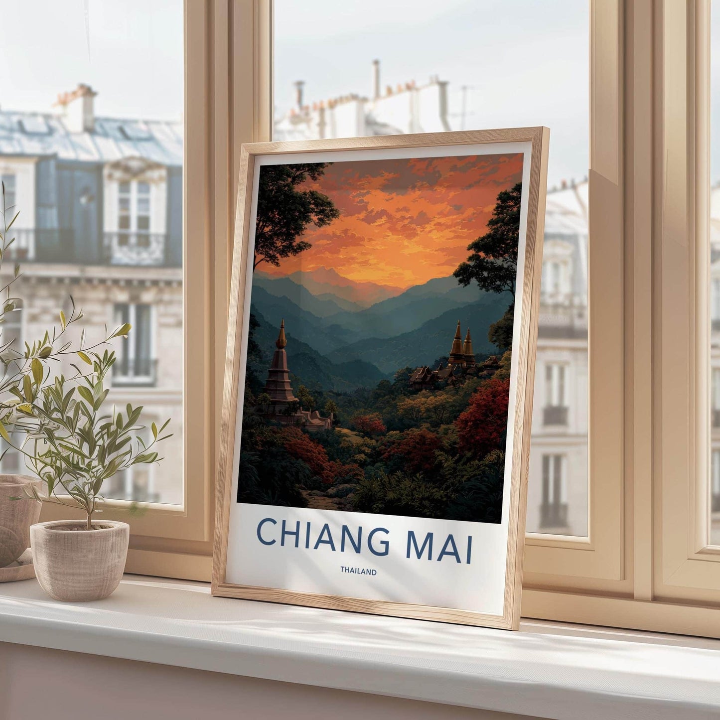 Chiang Mai Poster - Thailand Scenic Art - Golden Temple Sunset Home Decor