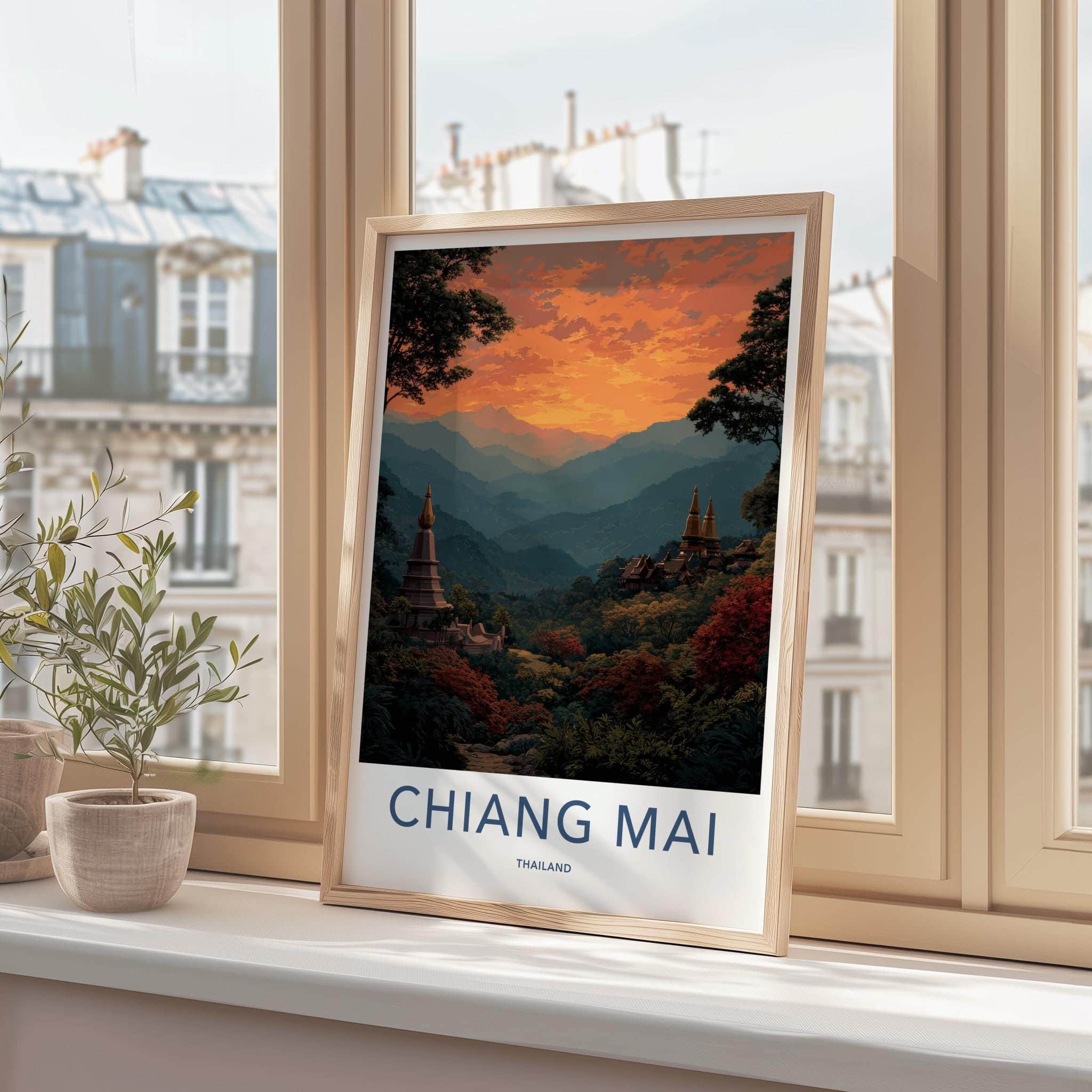 Chiang Mai Poster - Thailand Scenic Art - Golden Temple Sunset Home Decor