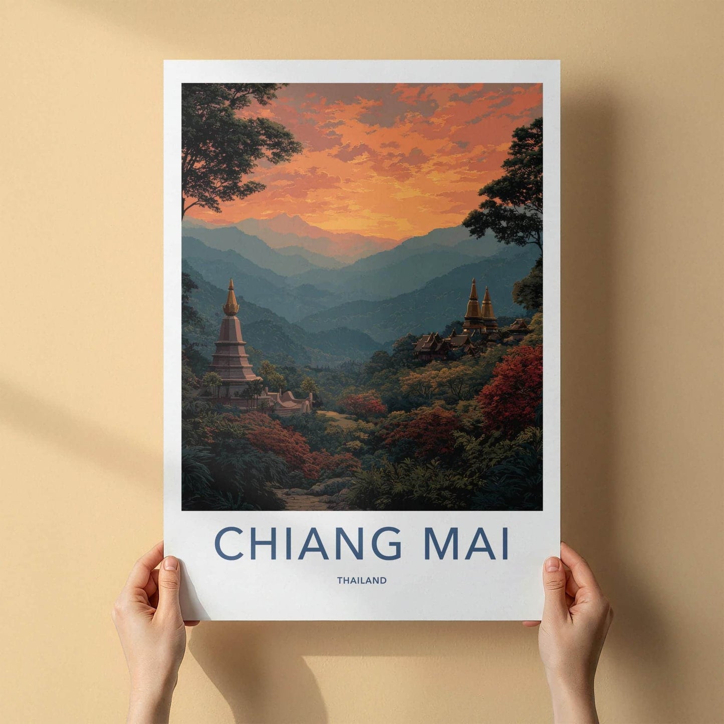 Chiang Mai Poster - Thailand Scenic Art - Golden Temple Sunset Home Decor