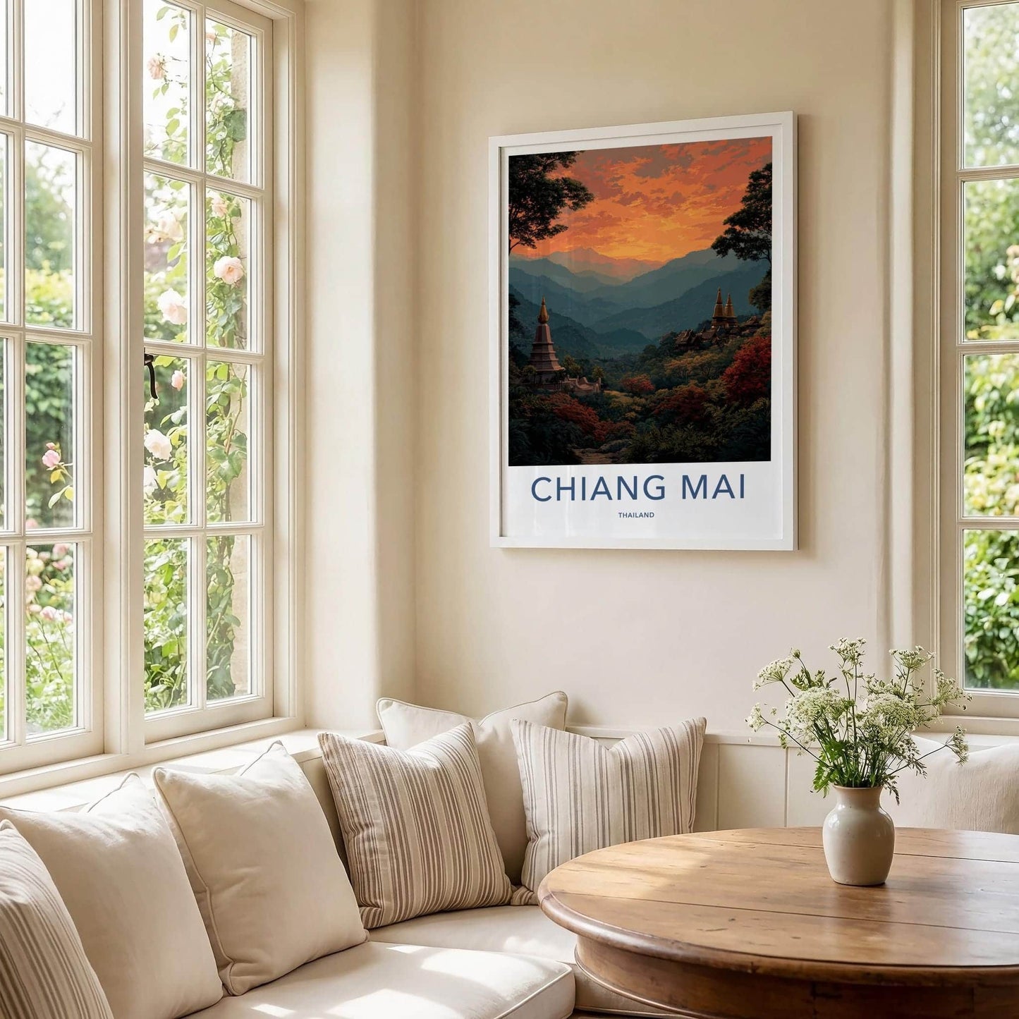 Chiang Mai Poster - Thailand Scenic Art - Golden Temple Sunset Home Decor