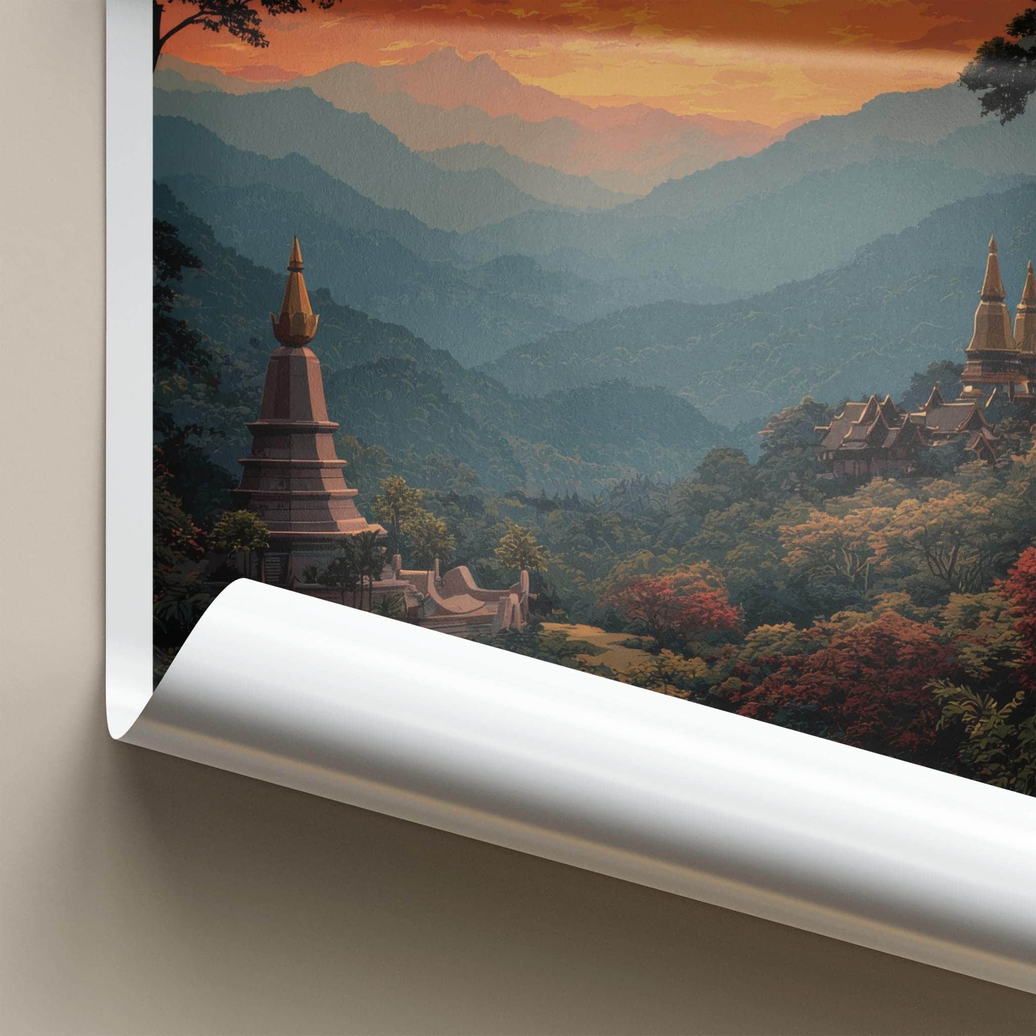 Chiang Mai Poster - Thailand Scenic Art - Golden Temple Sunset Home Decor
