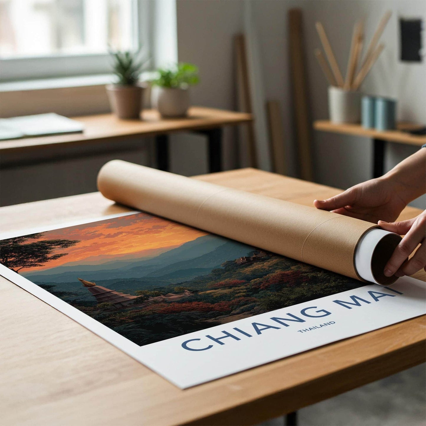 Chiang Mai Poster - Thailand Scenic Art - Golden Temple Sunset Home Decor