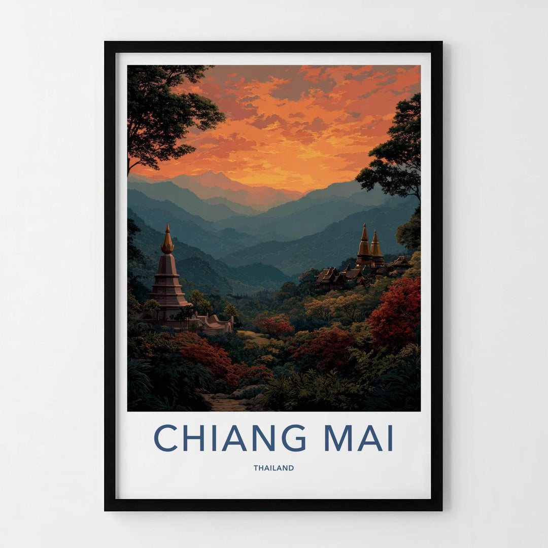 Chiang Mai Poster - Thailand Scenic Art - Golden Temple Sunset Home Decor