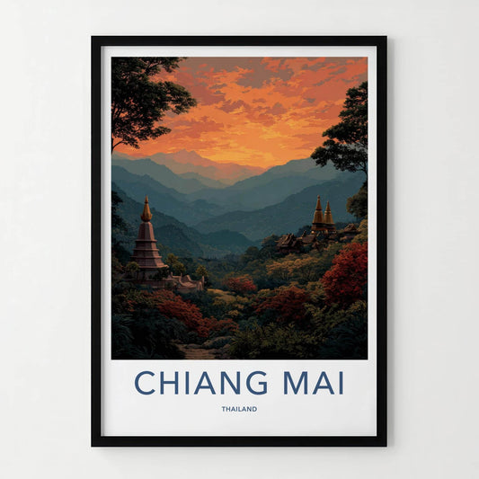Chiang Mai Poster - Thailand Scenic Art - Golden Temple Sunset Home Decor
