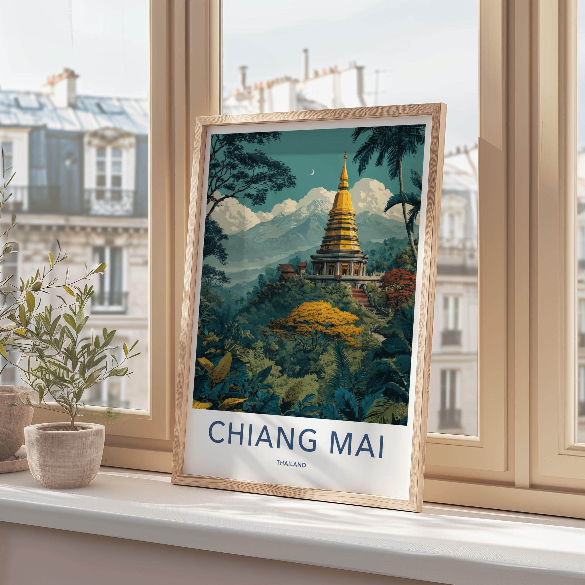 Chiang Mai Poster - Thailand Travel Art - Golden Temple Hill Home Decor