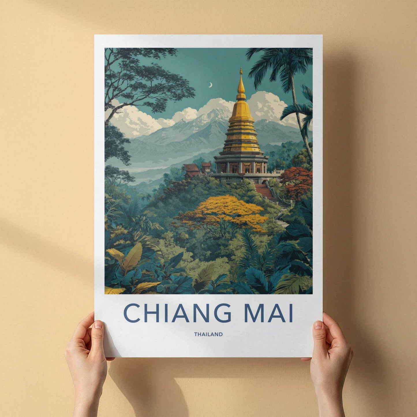 Chiang Mai Poster - Thailand Travel Art - Golden Temple Hill Home Decor