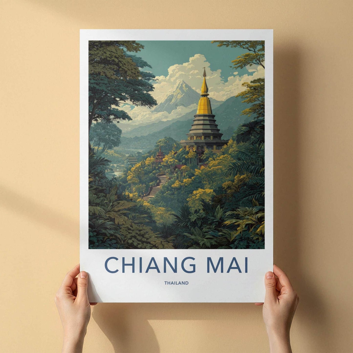 Chiang Mai Poster - Thailand Travel Art - Golden temple peaks Home Decor