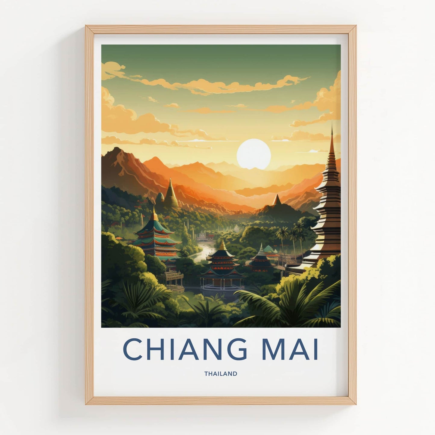 Chiang Mai Poster - Thailand Travel Art - Golden Temple Sunset Wall Decor