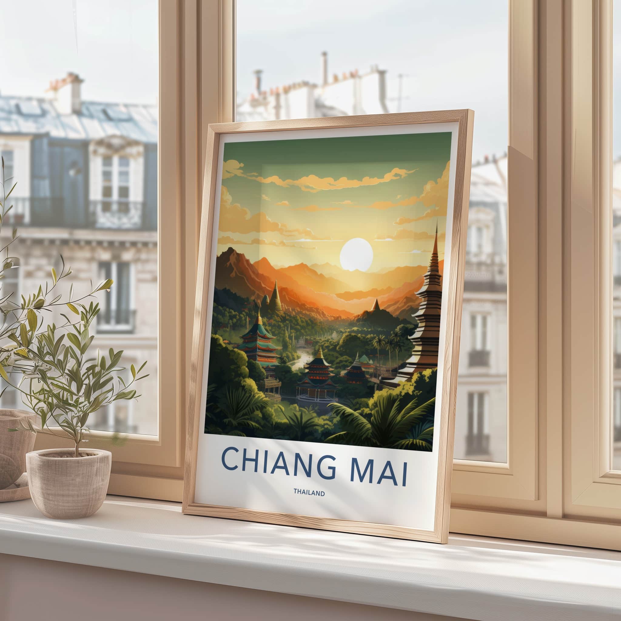 Chiang Mai Poster - Thailand Travel Art - Golden Temple Sunset Wall Decor