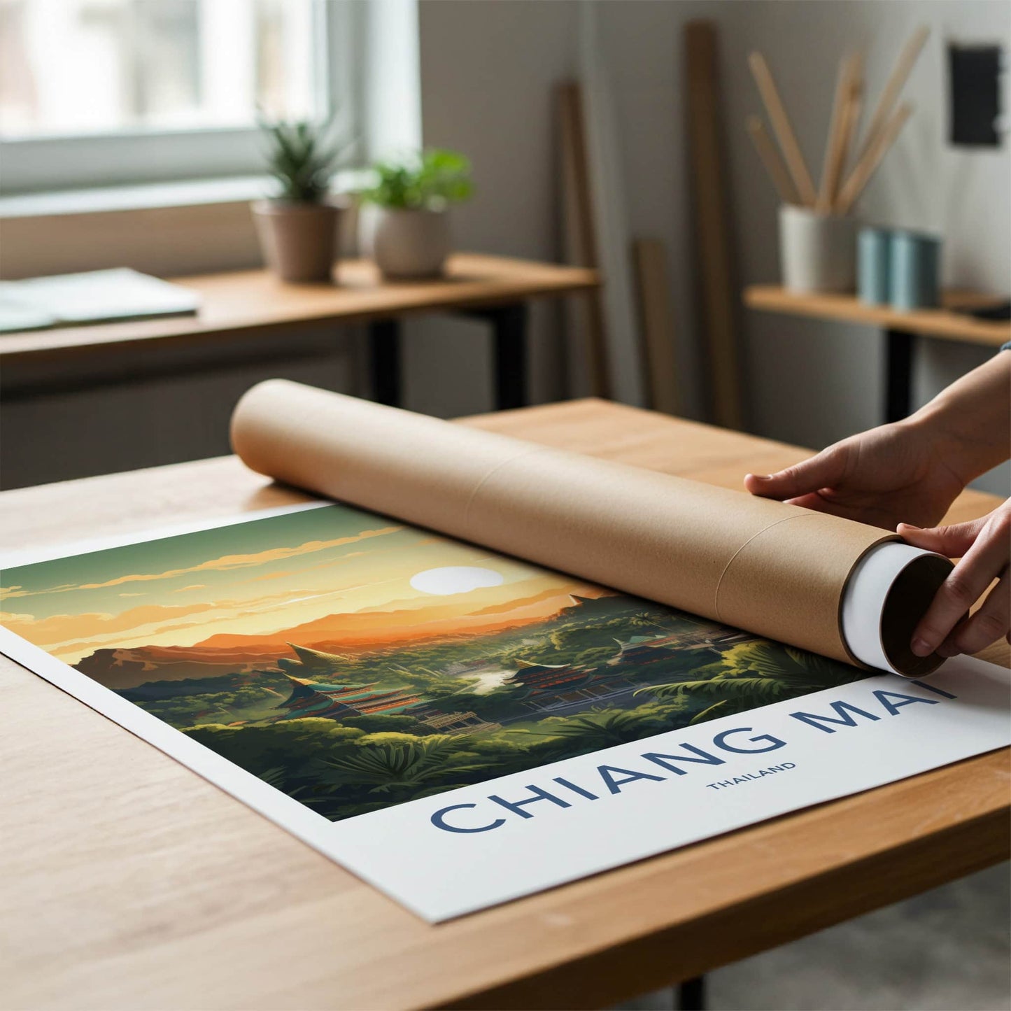 Chiang Mai Poster - Thailand Travel Art - Golden Temple Sunset Wall Decor