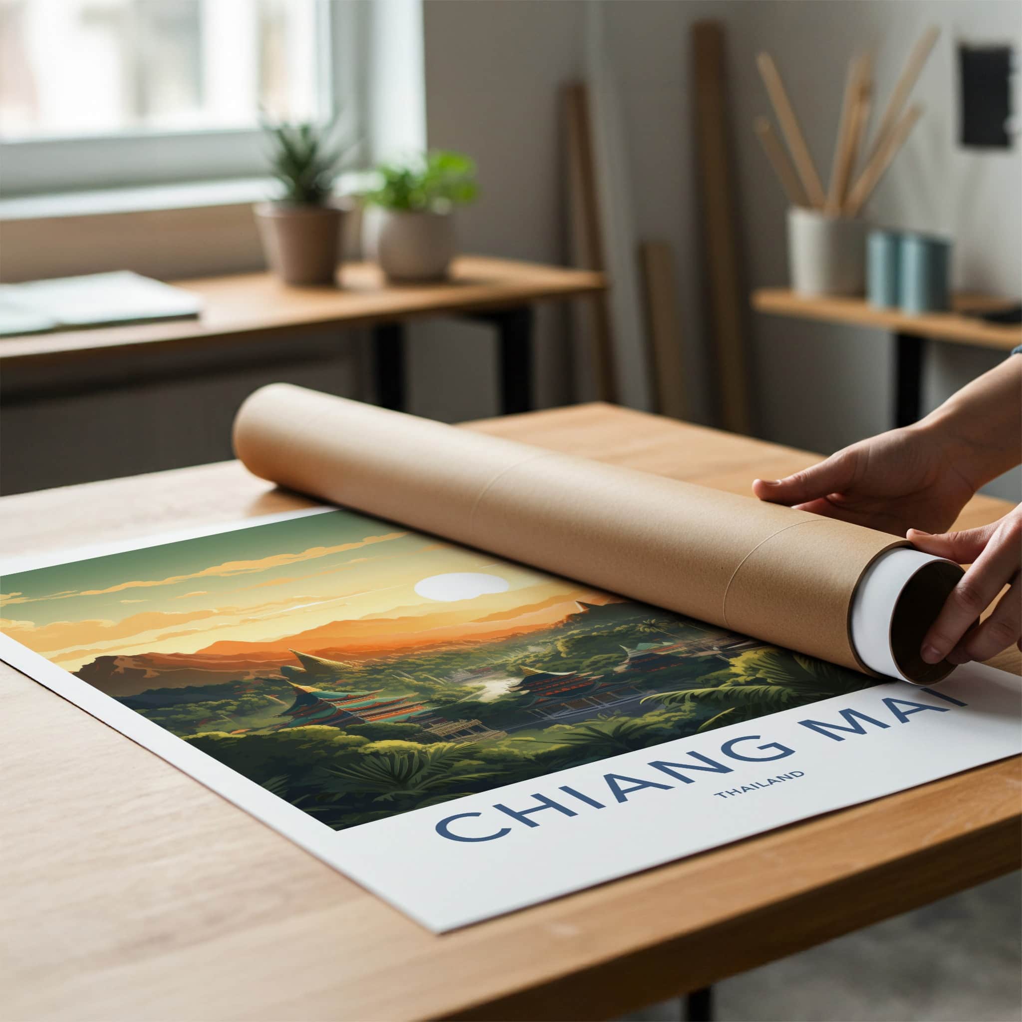 Chiang Mai Poster - Thailand Travel Art - Golden Temple Sunset Wall Decor