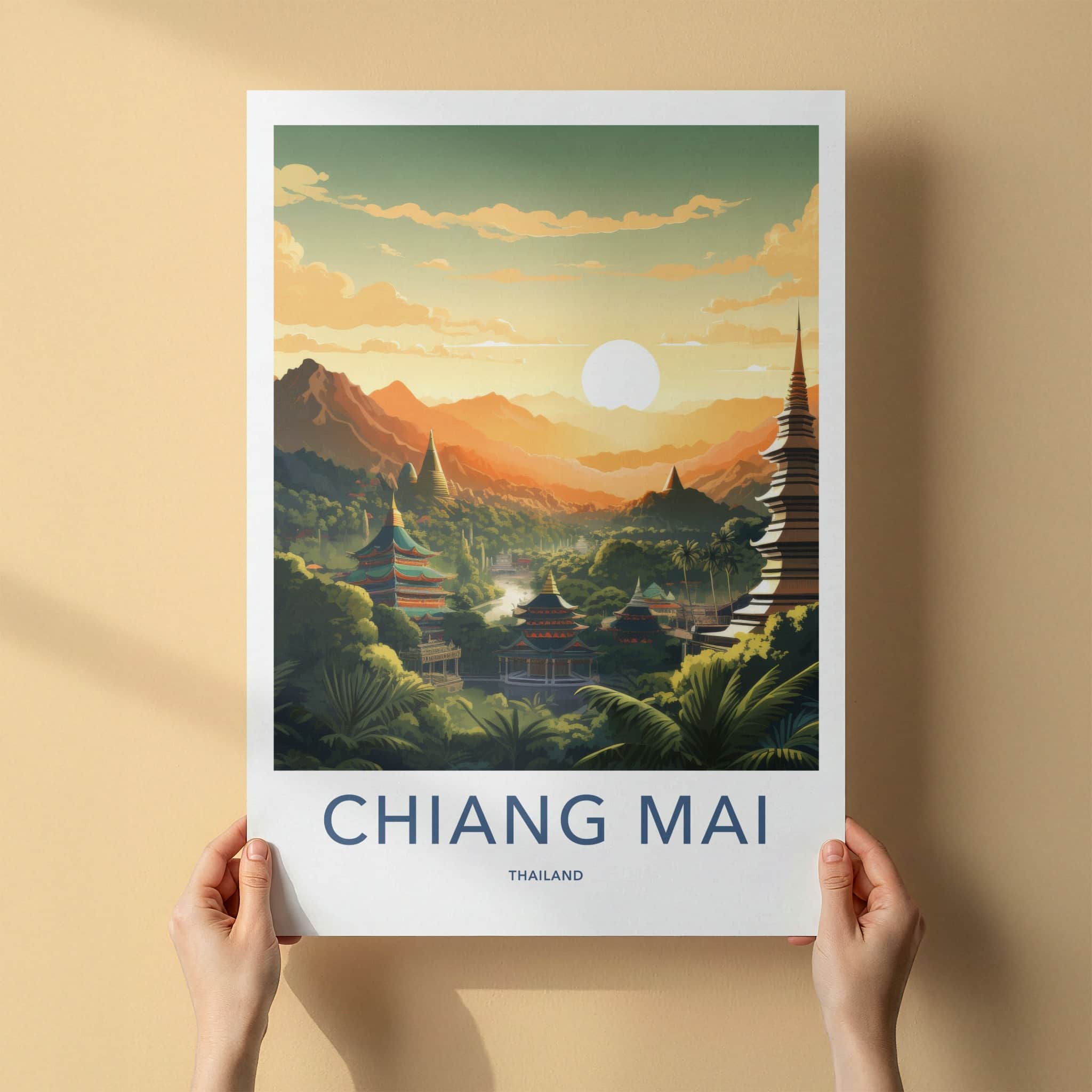 Chiang Mai Poster - Thailand Travel Art - Golden Temple Sunset Wall Decor