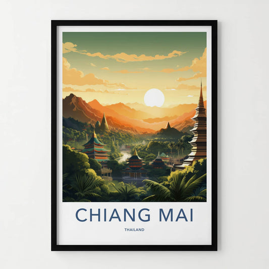 Chiang Mai Poster - Thailand Travel Art - Golden Temple Sunset Wall Decor