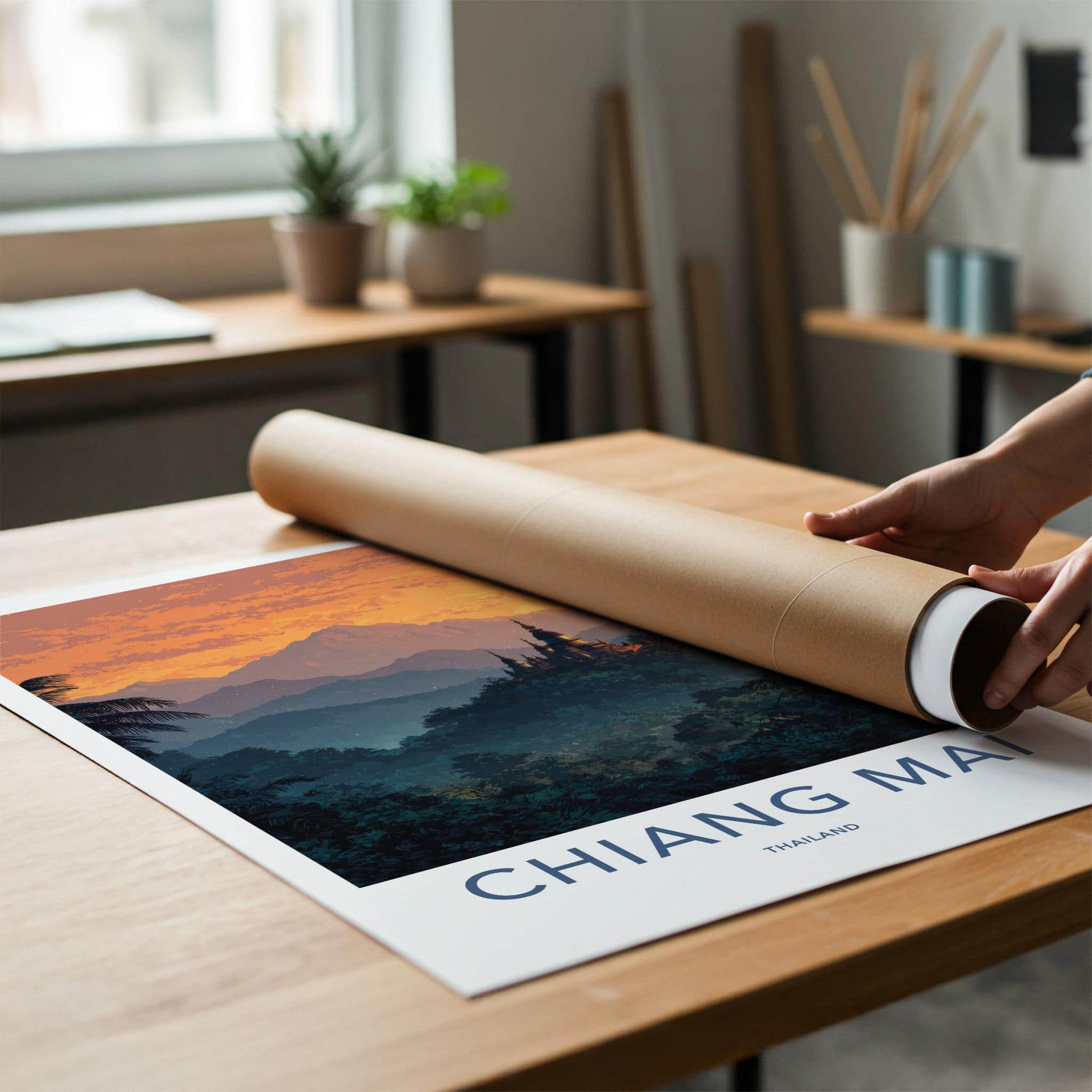Chiang Mai Poster - Thailand Travel Art - Jungle Temple Sunset Home Decor