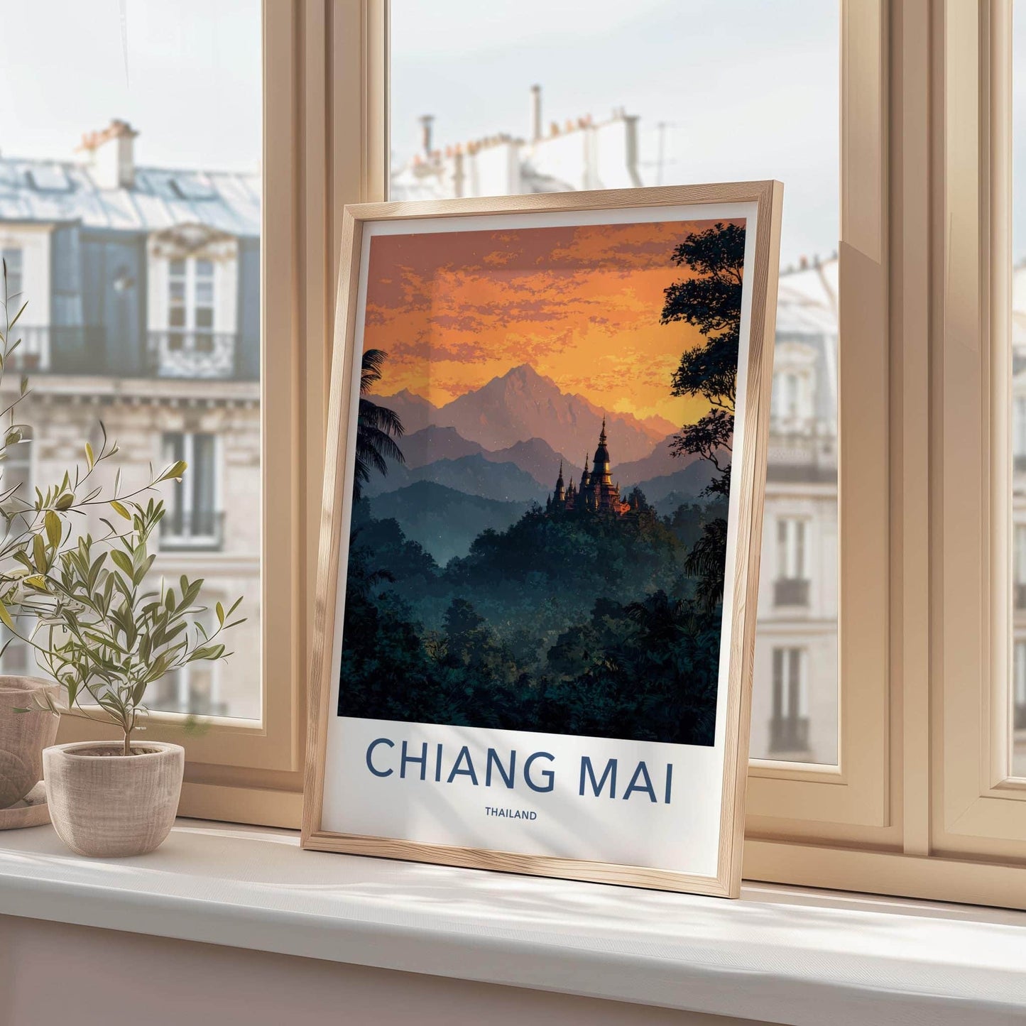 Chiang Mai Poster - Thailand Travel Art - Jungle Temple Sunset Home Decor