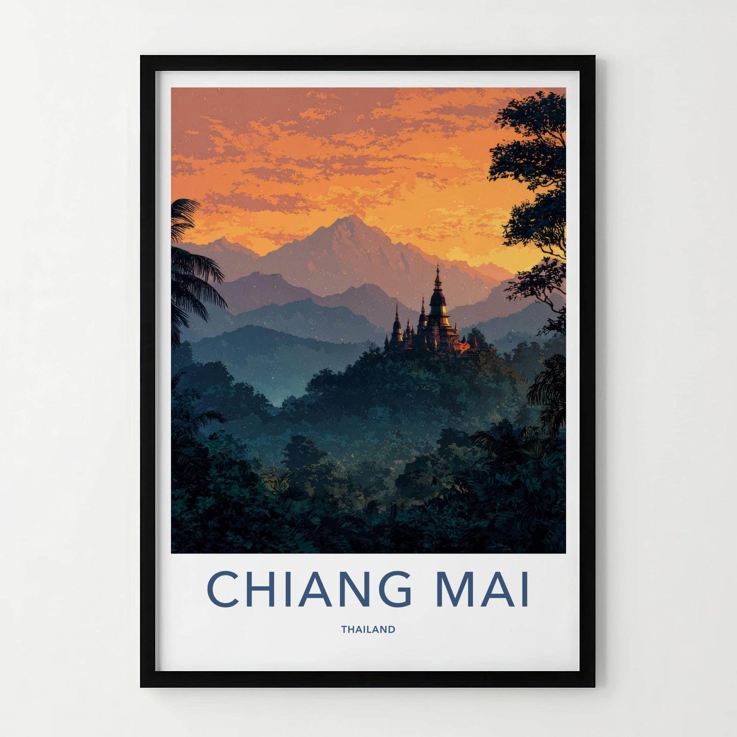 Chiang Mai Poster - Thailand Travel Art - Jungle Temple Sunset Home Decor
