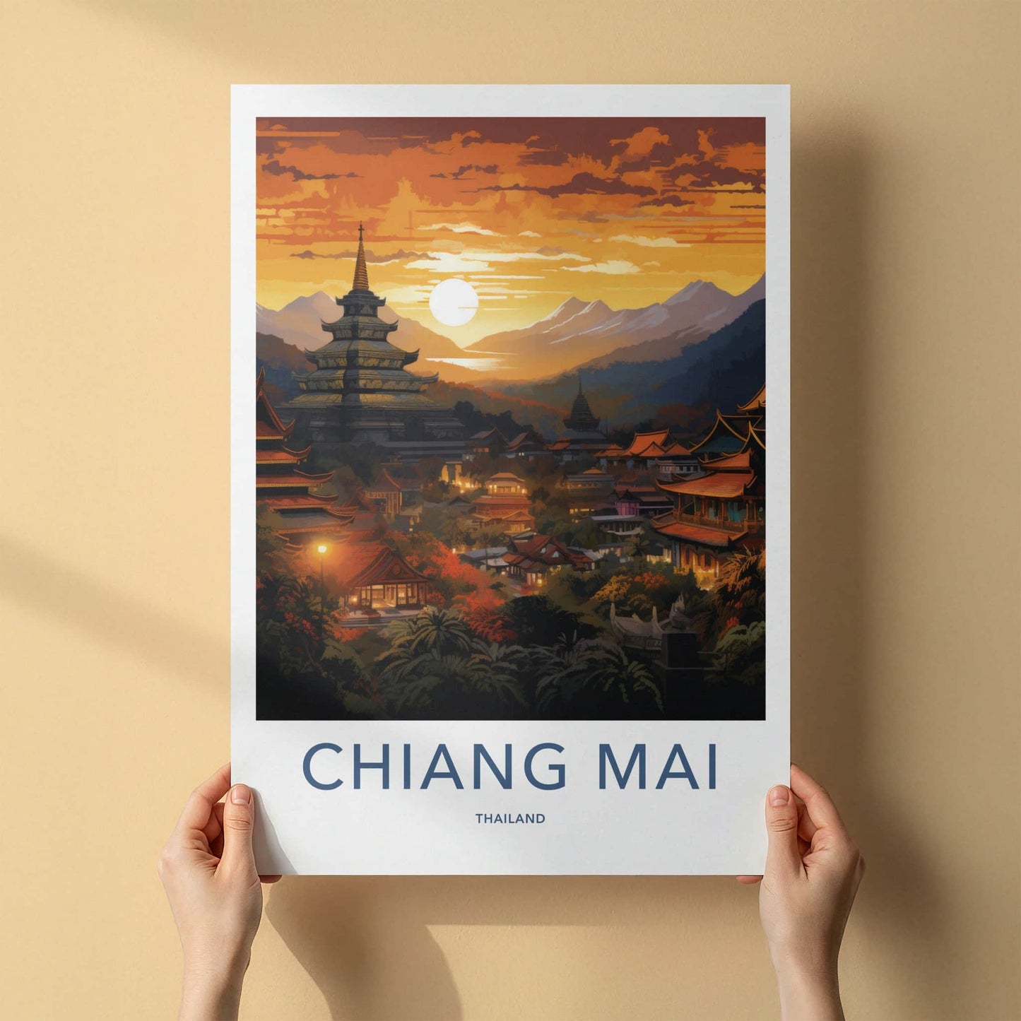 Chiang Mai Poster - Thailand Travel Art - Mountain Temple Sunset Home Decor