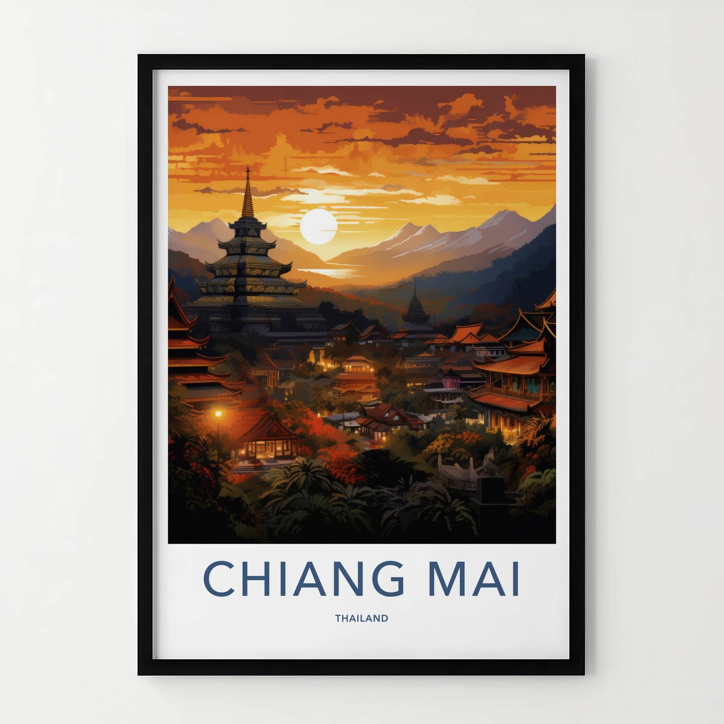 Chiang Mai Poster - Thailand Travel Art - Mountain Temple Sunset Home Decor