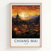Chiang Mai Poster - Thailand Travel Art - Mountain Temple Sunset Home Decor