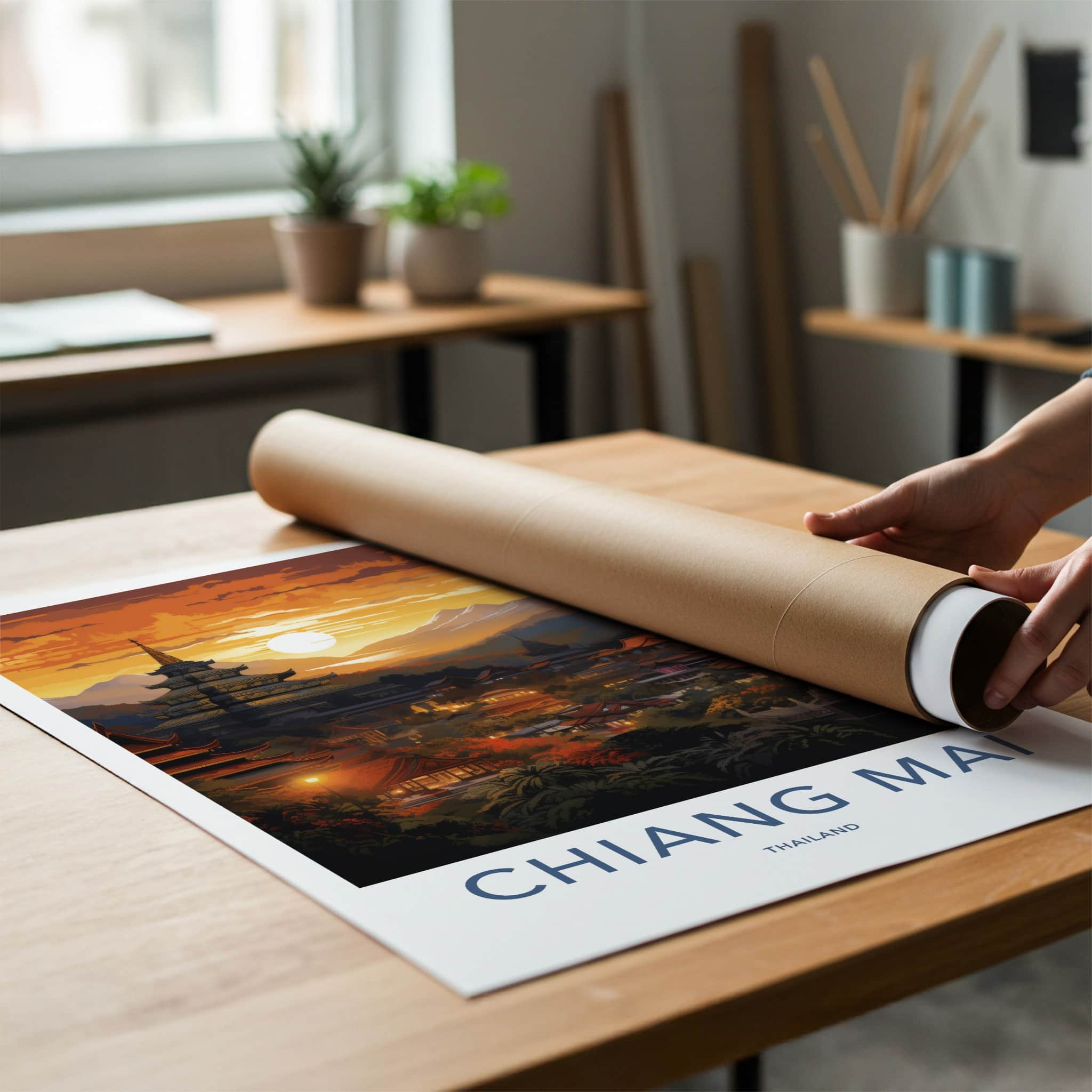 Chiang Mai Poster - Thailand Travel Art - Mountain Temple Sunset Home Decor