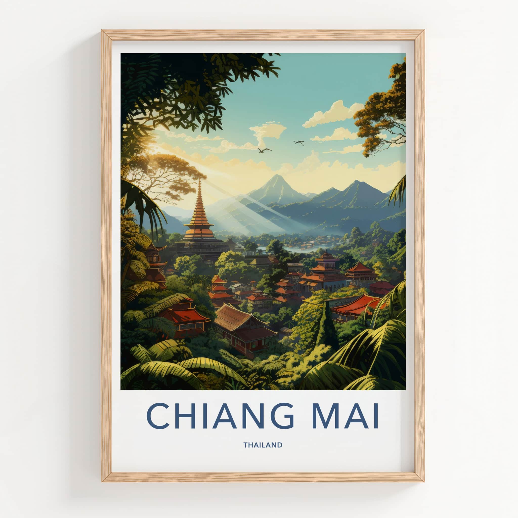Chiang Mai Poster - Thailand Travel Art - Pagoda Jungle Sunrays Home Decor