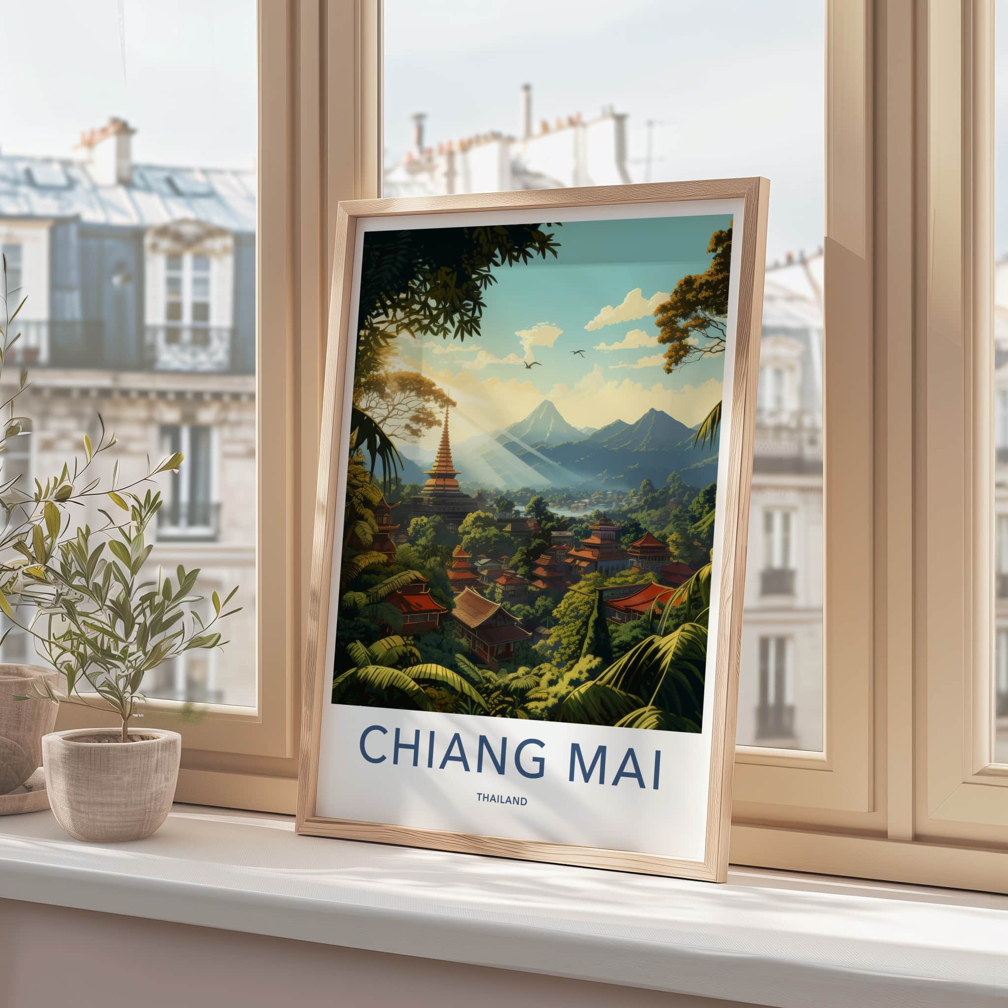 Chiang Mai Poster - Thailand Travel Art - Pagoda Jungle Sunrays Home Decor