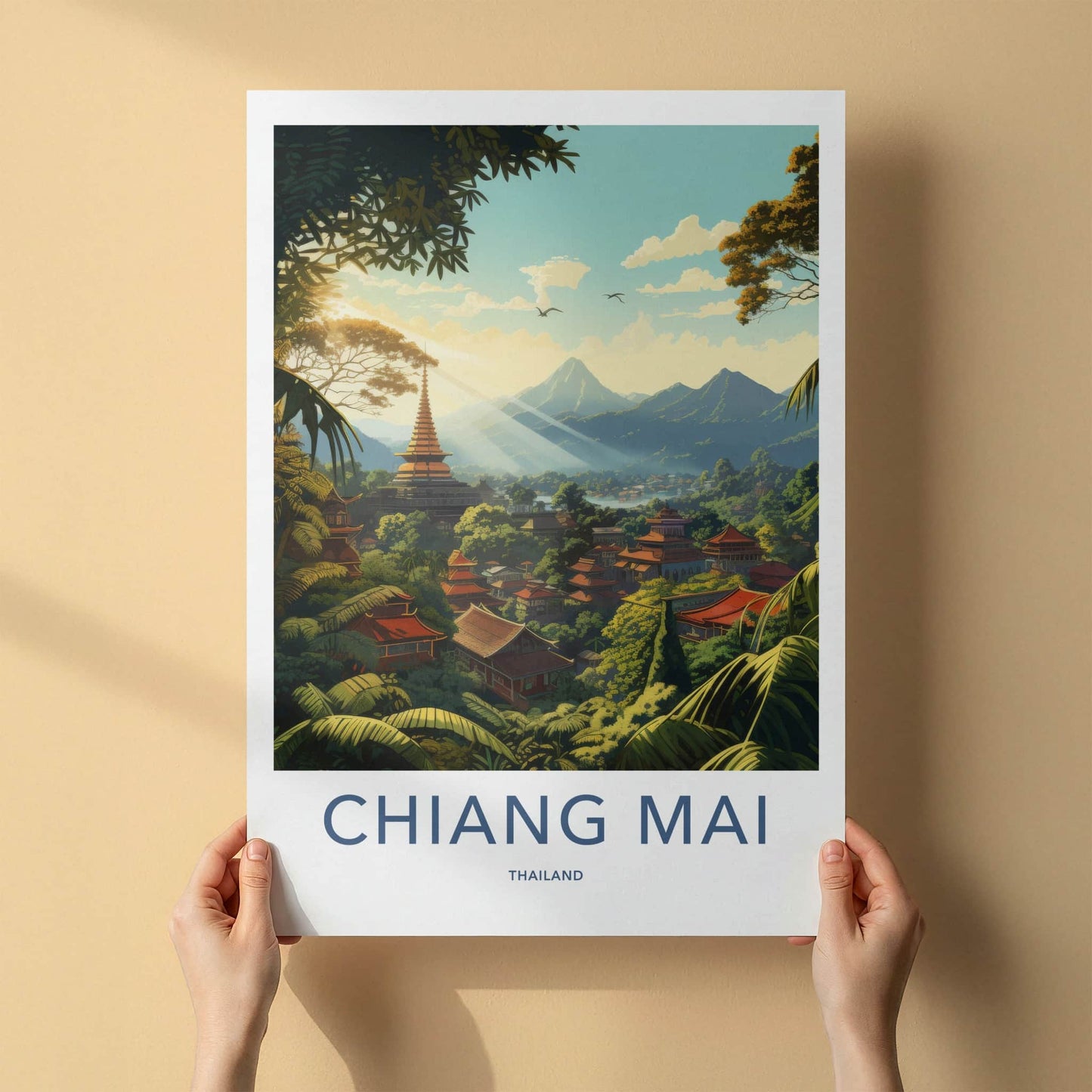 Chiang Mai Poster - Thailand Travel Art - Pagoda Jungle Sunrays Home Decor