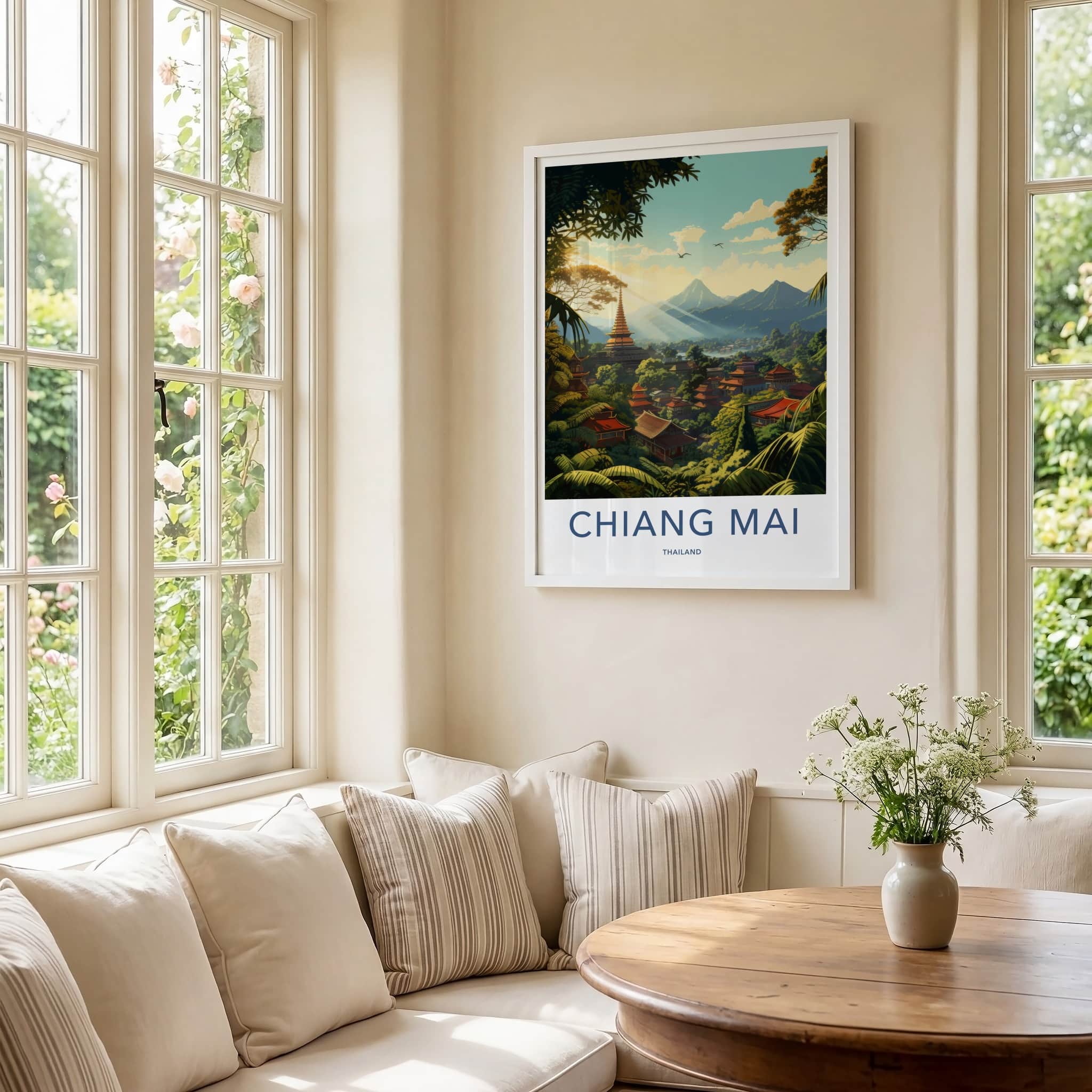 Chiang Mai Poster - Thailand Travel Art - Pagoda Jungle Sunrays Home Decor