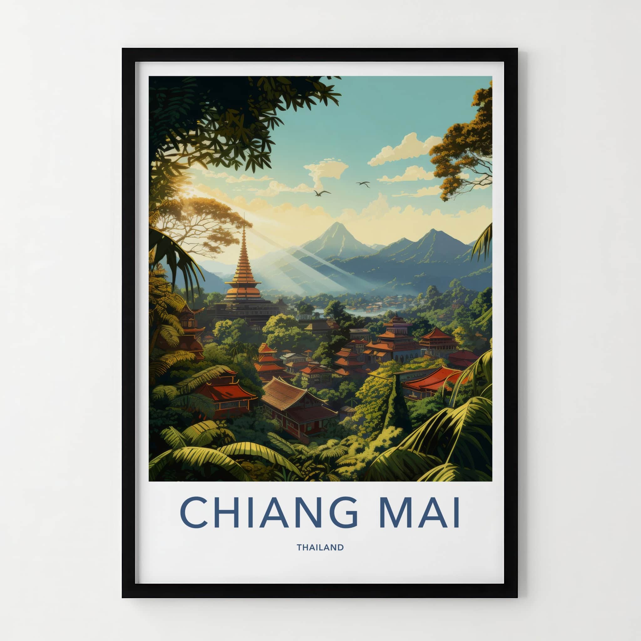 Chiang Mai Poster - Thailand Travel Art - Pagoda Jungle Sunrays Home Decor