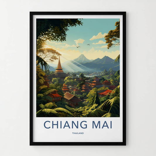 Chiang Mai Poster - Thailand Travel Art - Pagoda Jungle Sunrays Home Decor