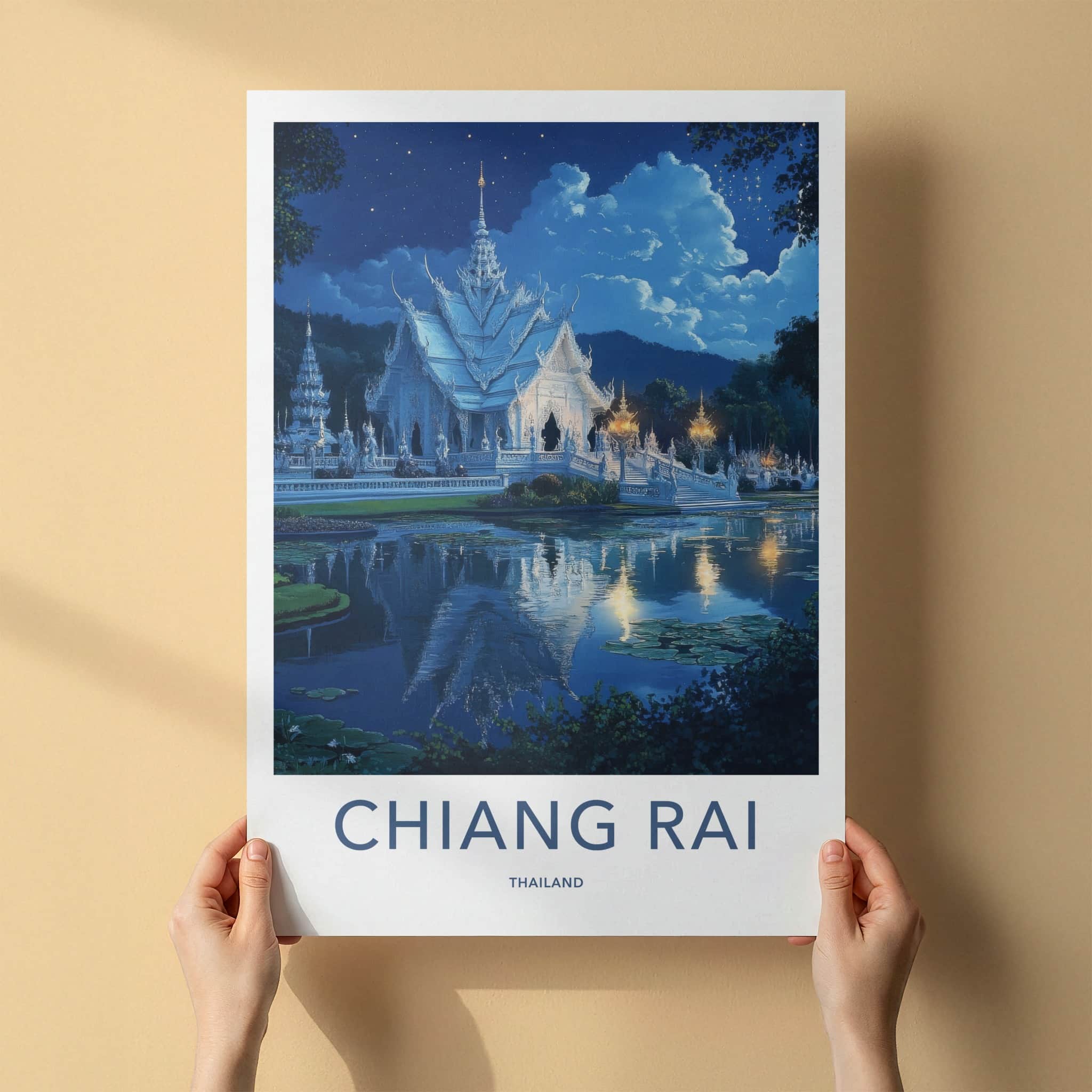 Chiang Rai Poster - Thailand Travel Art - Moonlit Temple Reflection Home Decor