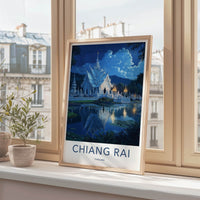 Chiang Rai Poster - Thailand Travel Art - Moonlit Temple Reflection Home Decor