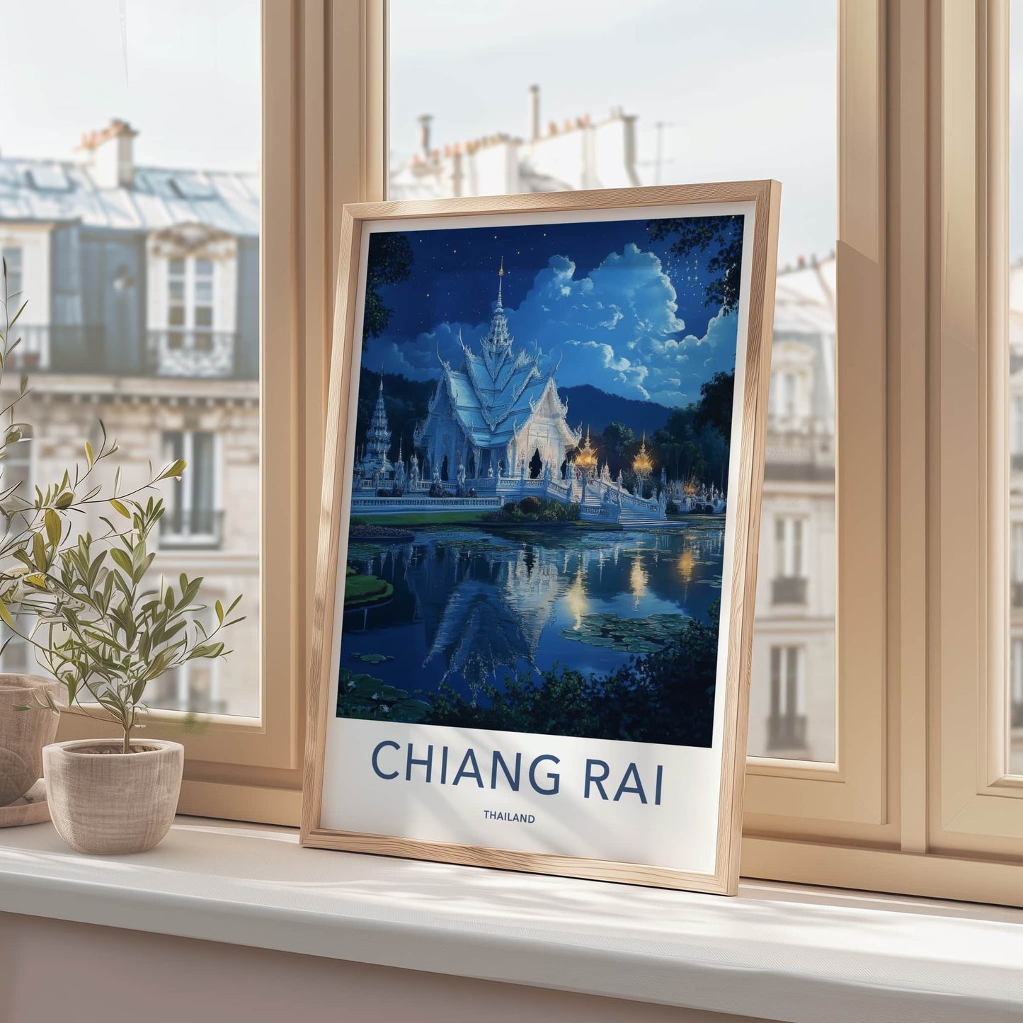 Chiang Rai Poster - Thailand Travel Art - Moonlit Temple Reflection Home Decor